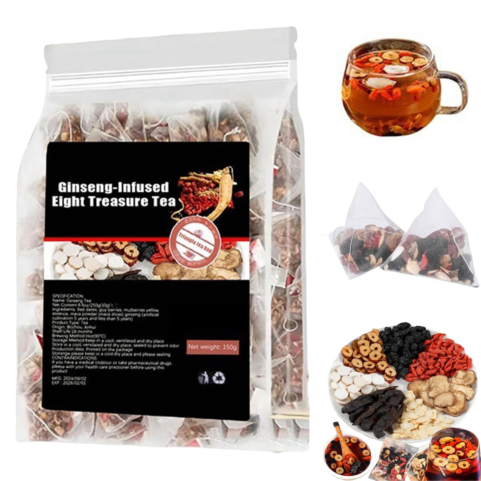 Qiamia Ginseng Eight Treasures Tea, 5g*30PCS Kidney Tea Formula Ginseng Eight Treasure Teas, Upgraded ginseng Six Treasures Teas (1 Bag)