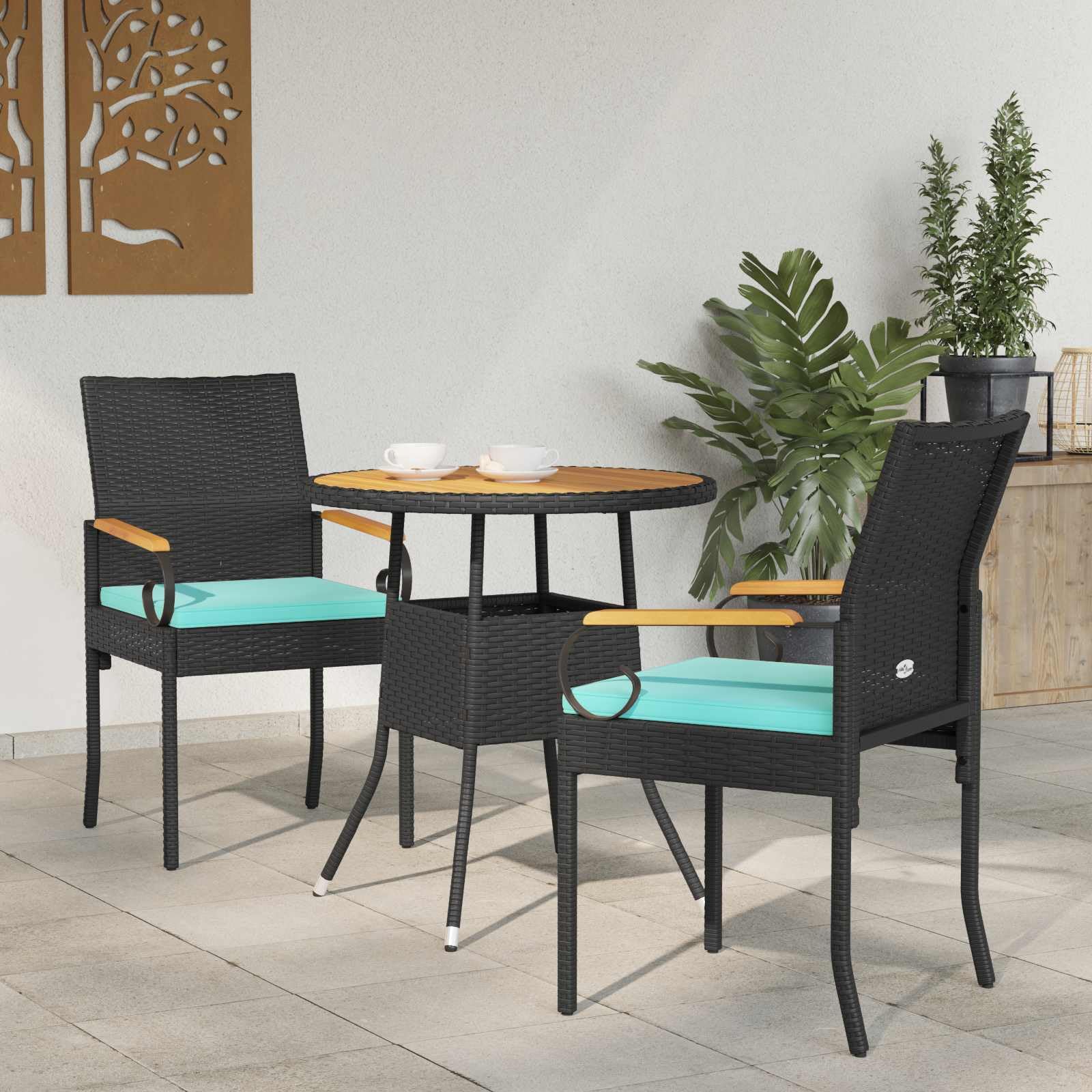Chaise de jardin en polyrotin noir turquoise avec accoudoirs bois de terrasse résistante