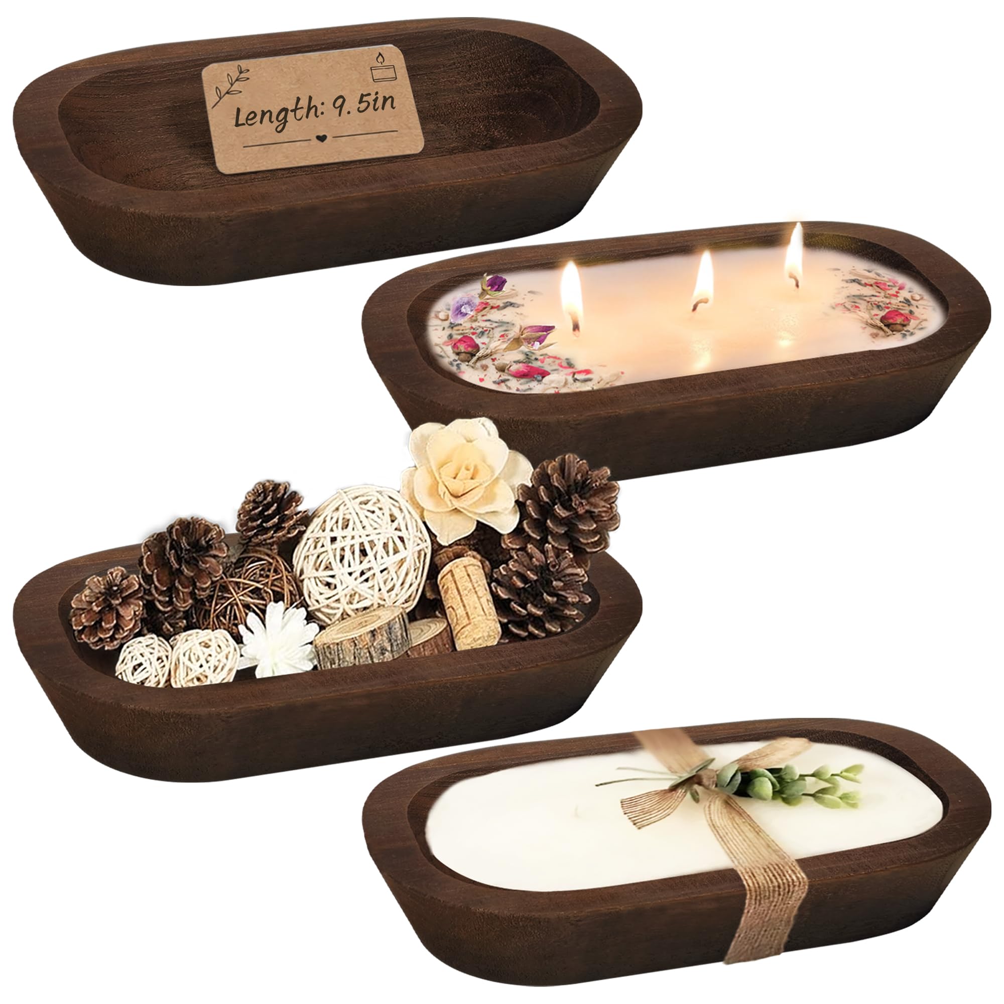 Royxen Confezione da 4 ciotole per impasto per candele, ciotole in legno Paulownia, ciotole rustiche vintage, ciotole per candele, 24 x 15 cm, marrone