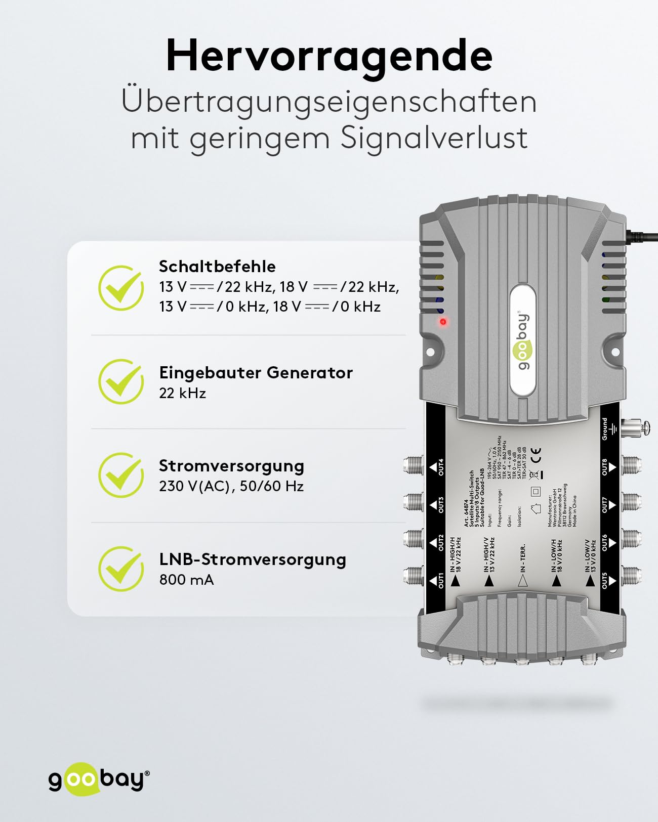 goobay 64874 Multiconmutador satélite/Multiconmutador Compacto / 5 entradas / 8 Salidas / 4K, 8K UHD/Dab+ / para 8 participantes