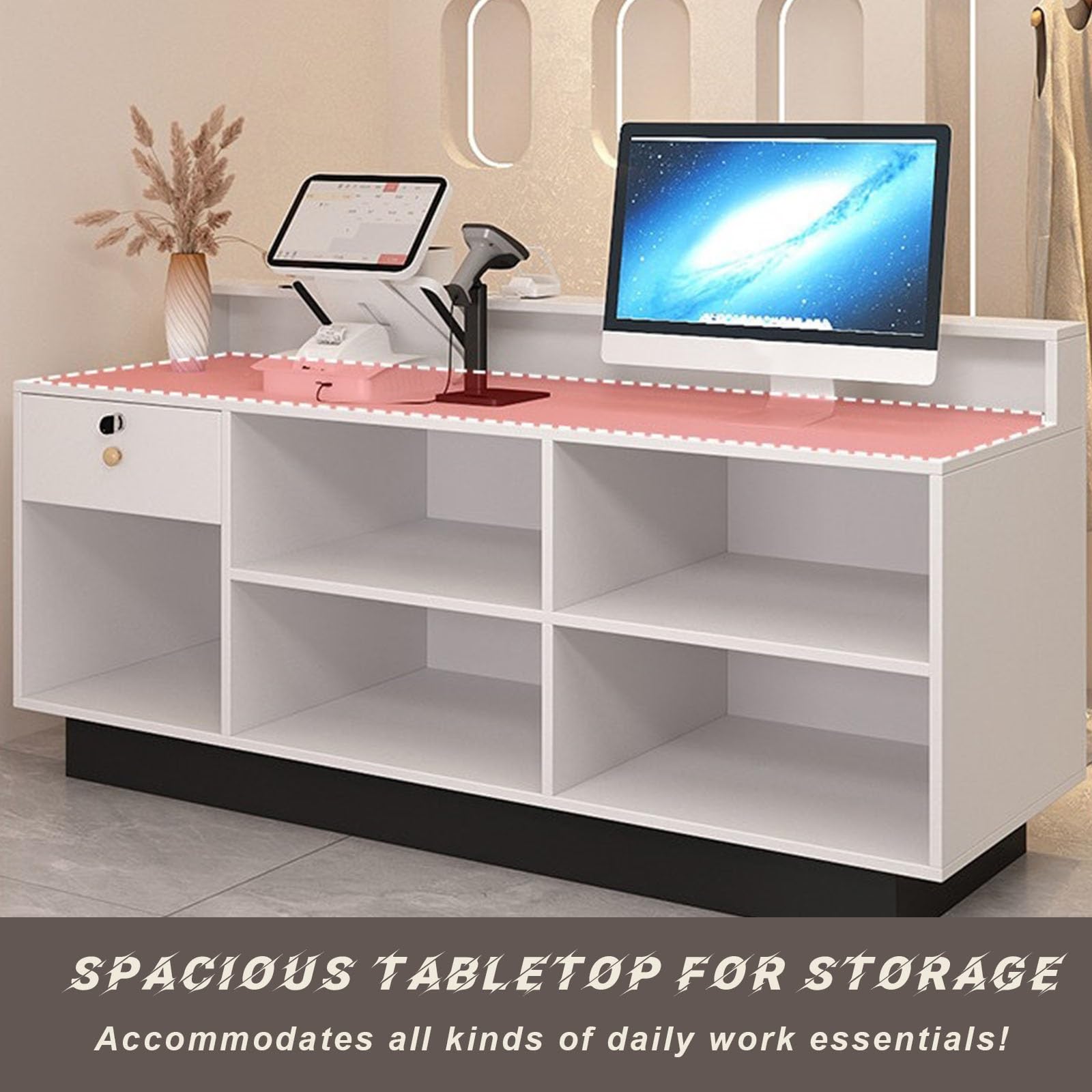 Empfangstheke mit Abschließbarer Schublade, Moderne Rezeption mit Ablagefächern und Großer Arbeitsplatte für Büro, Salon, Praxis und Geschäft(Beige+Brown,200cm)