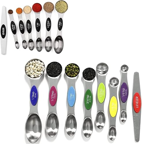 Juego de cucharas medidoras magnéticas de acero inoxidable con nivelador, juego de 8 tazas medidoras multicolor para hornear, tazas medidoras y
