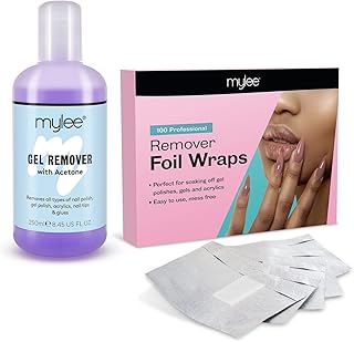 Mylee Gel Nail Polish Remover 250ml + 100pcs Alu Foil Wraps Kit, 100% Pure Acetone Soak Off UV LED Gel Polish Cleaner with Pre-Attached Lint Free Cotton Wipes Aluminium Foil Wraps