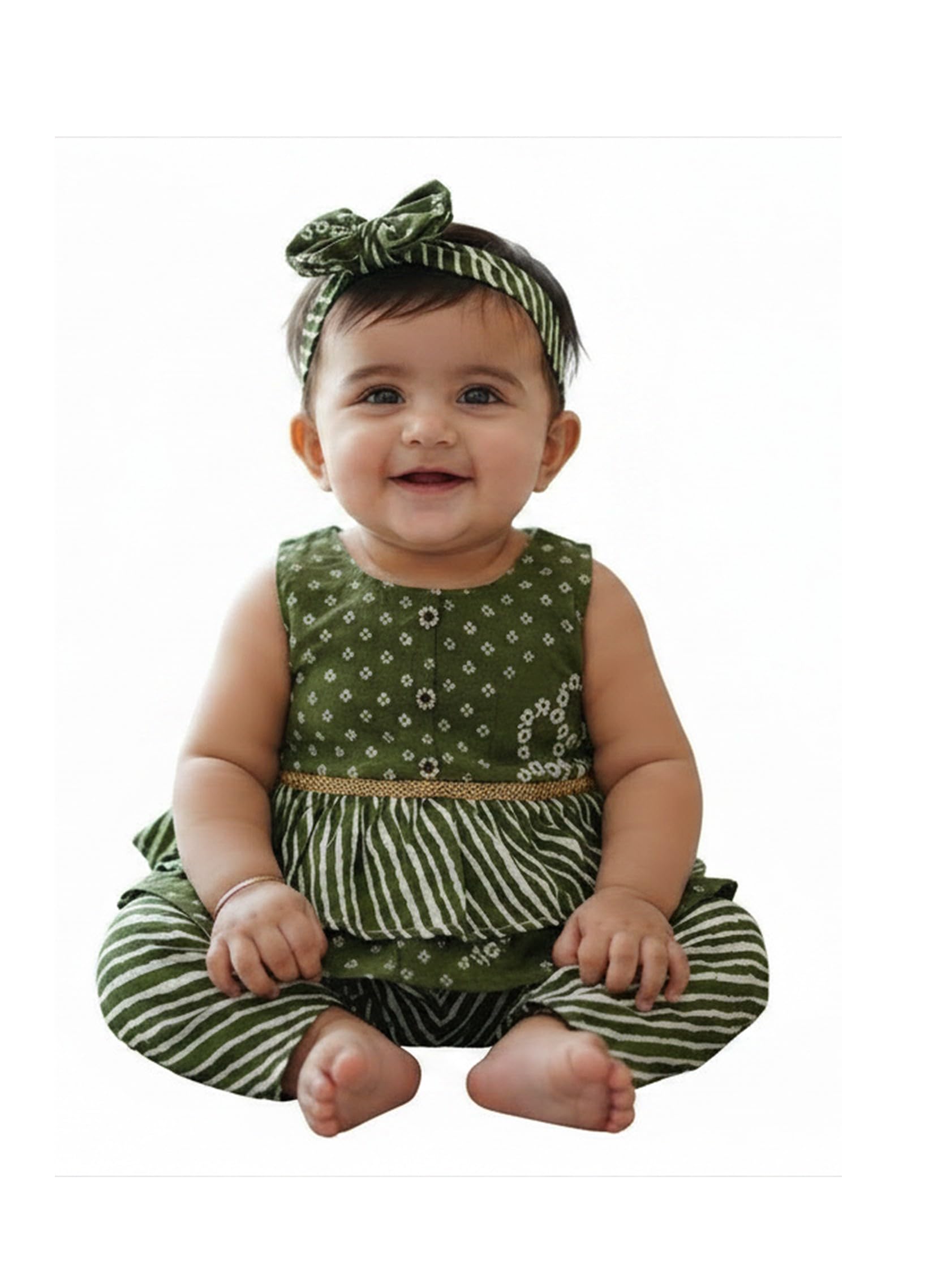 The Root And Craft Kids Birthday Photoshoot Outfit Dress Girls Bandhani Printed Top With Dhoti pant & Hairband Born Baby Photography Photoshoot Props(0 to 3 Month) Olive Green-image-27