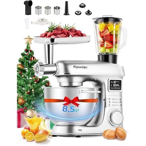 Stand Mixer 8-IN-1 8.5 Qt 2000W Multifunctional Fermentation Electric Kitchen Mixer 6 Speed Tilt-Head with Stainless Steel Bowl, 1.5L Glass Jar Meat Grinder Dough Hook Whisk Pasta Attachment