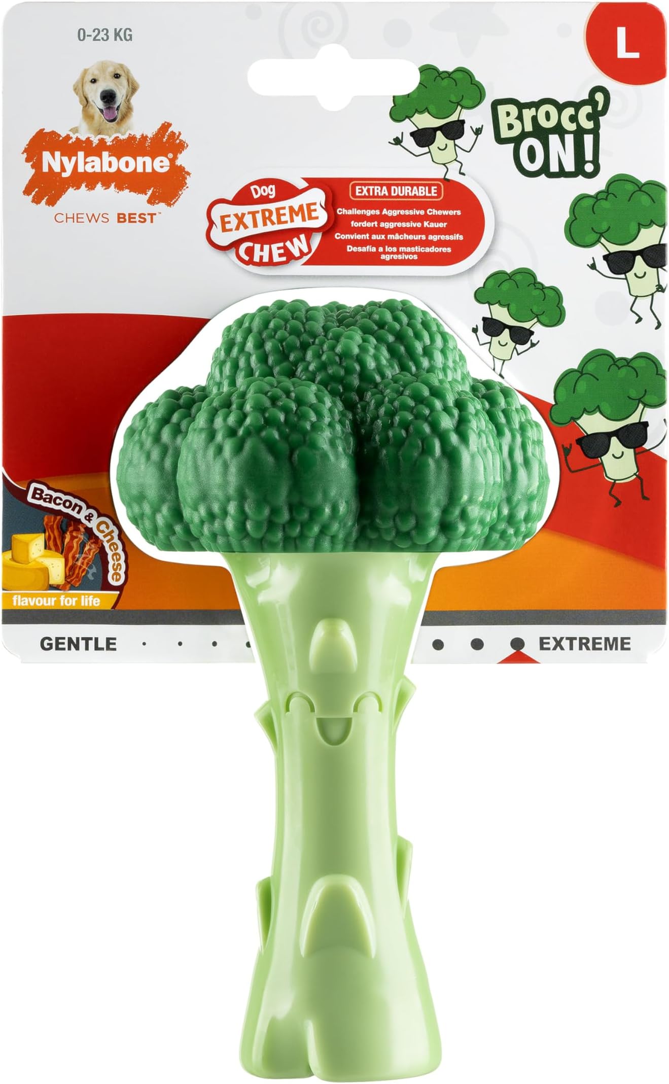Extreme Chewers Tough Nylon Dog Novelty Broccoli Chew Toy, Durable, Boredom Breaker, Cleans Teeth, Bacon & Cheese Flavour, Large, For Dogs 0-23kg