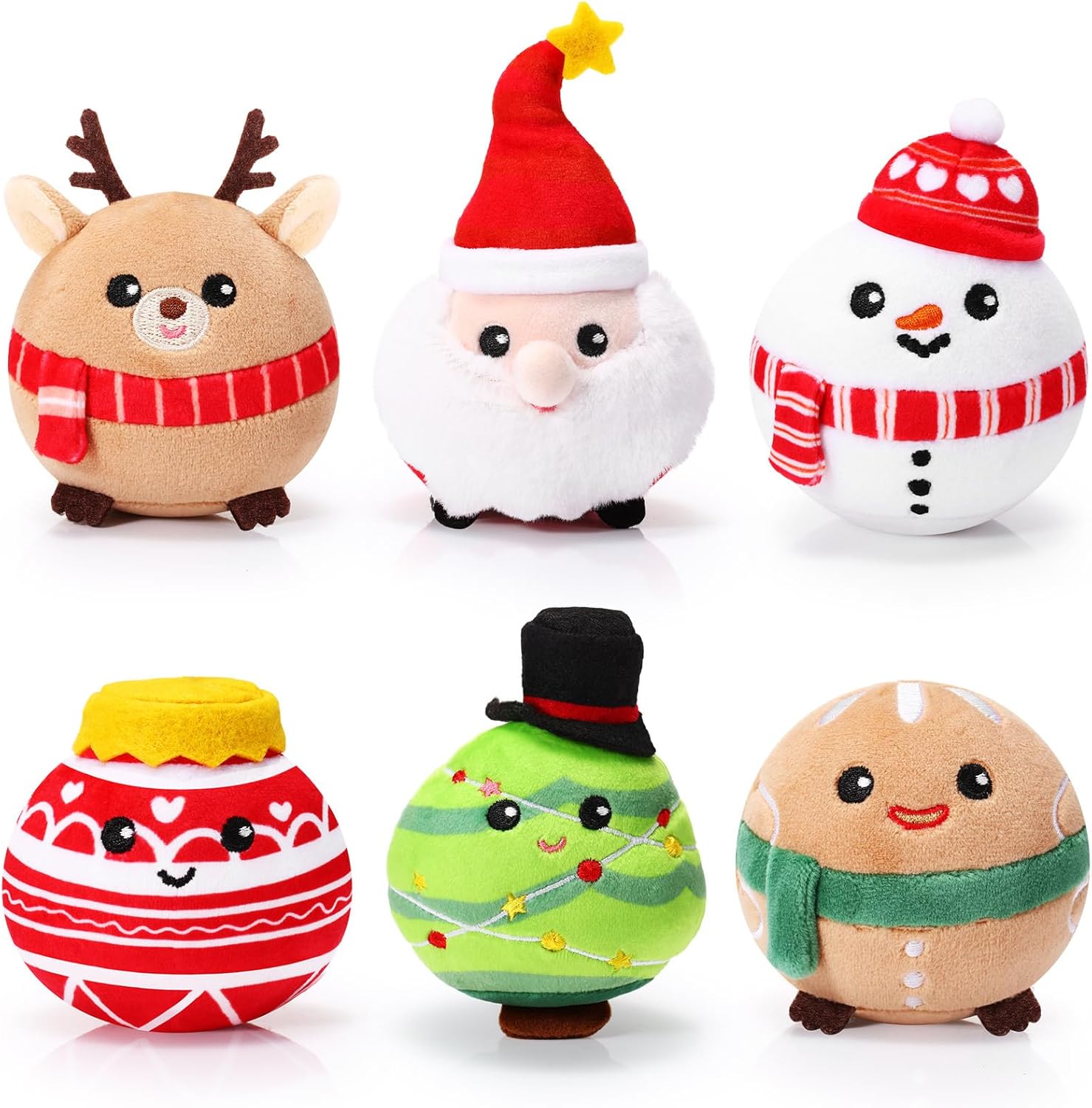 6 Pcs Christmas Plush Ornaments Stuffed Santa Snowman Elk Gingerbread Man Xmas Tree Ball Decorations for Winter Holiday Hanging Decor Birthday Party Supplies, 4 Inches
