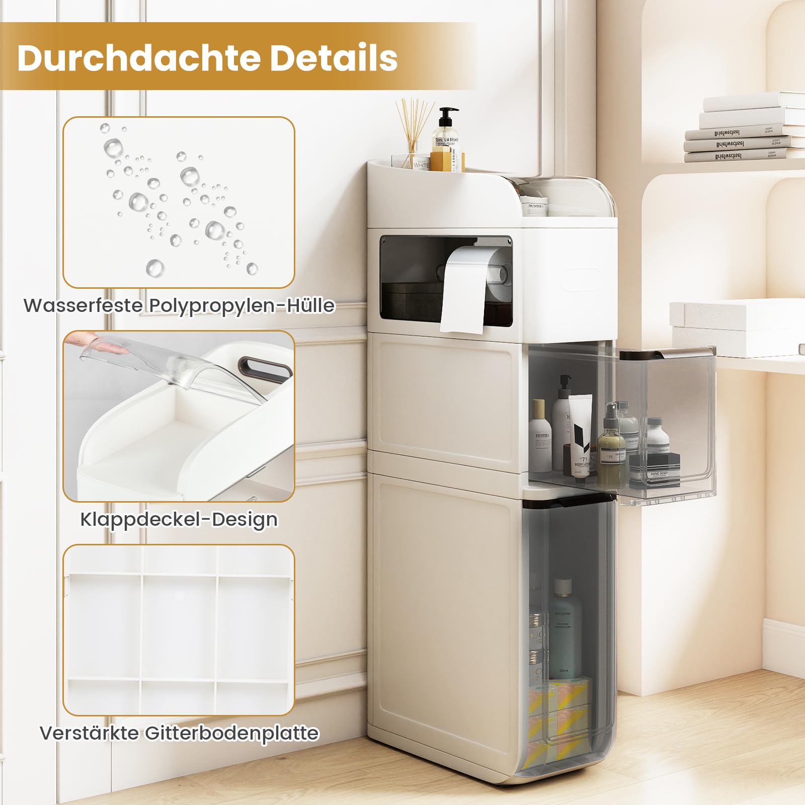 COSTWAY Badrollwagen, Nischenschrank schmal mit 2 Schubladen, Taschentuchbox & oberem Regal, Badezimmerschrank Kunststoff mit Rollen, Aufbewahrungsschrank für kleine Räume, 18 x 43 x 88 cm (Weiß)