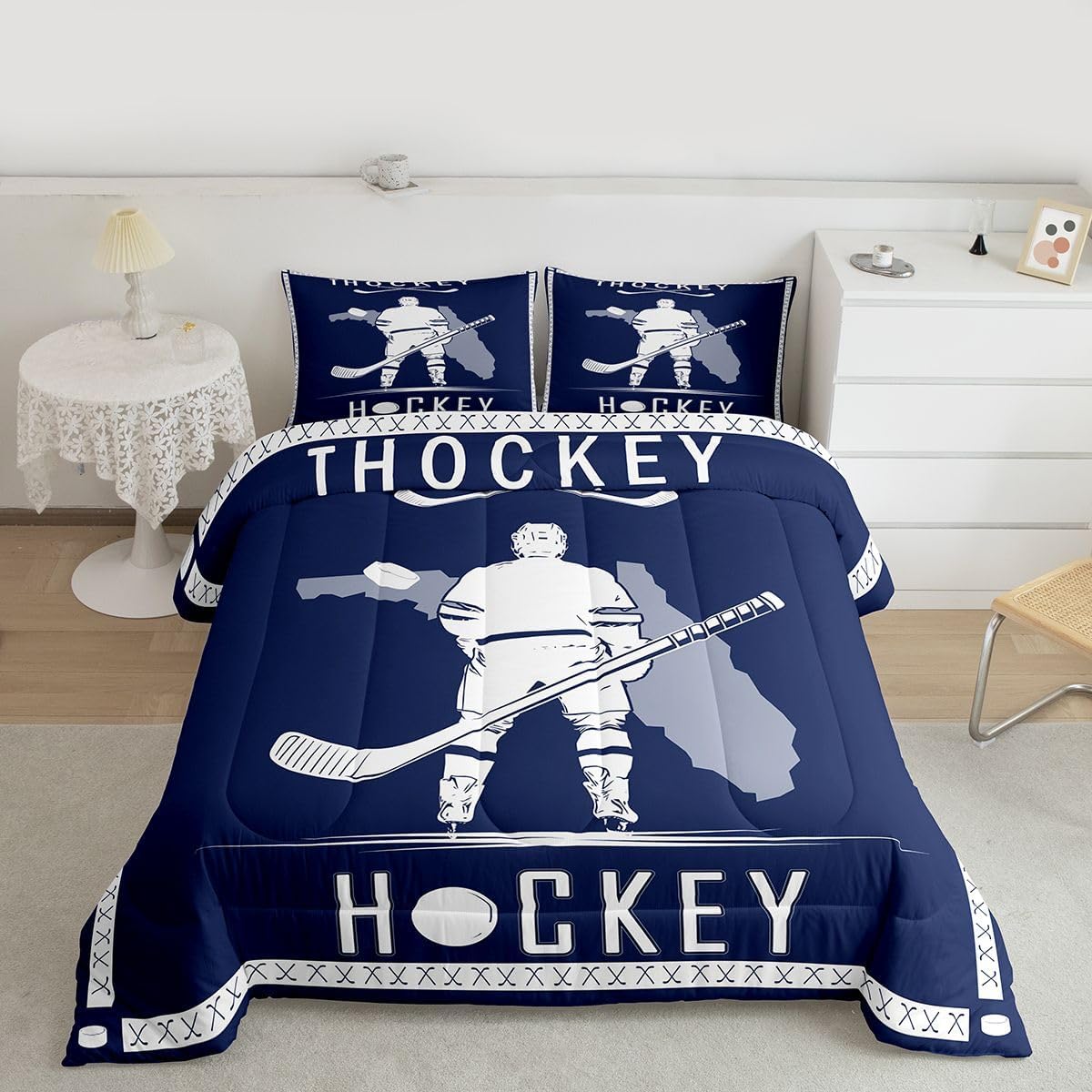 Feelyou Ice Hockey Comforter Set Ice Hockey City Bedding Set Full Size Gifts for Men Women Boy Lacrosse Duvet Quilt Winter Sports Duvet Modern Fashion Bedroom Decor