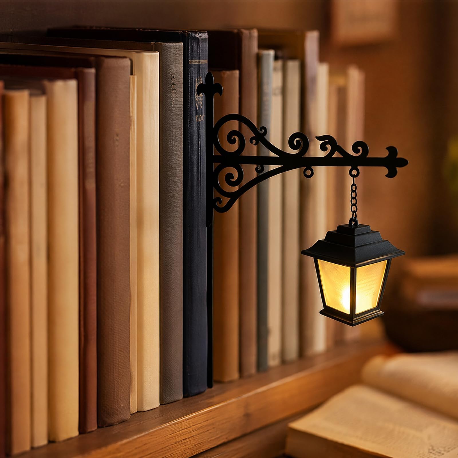 Library Lantern Mini Bookshelf Lamp with Hanging Lantern and Ghost，N：2.36" D x 5.51" W x 7.68" H
