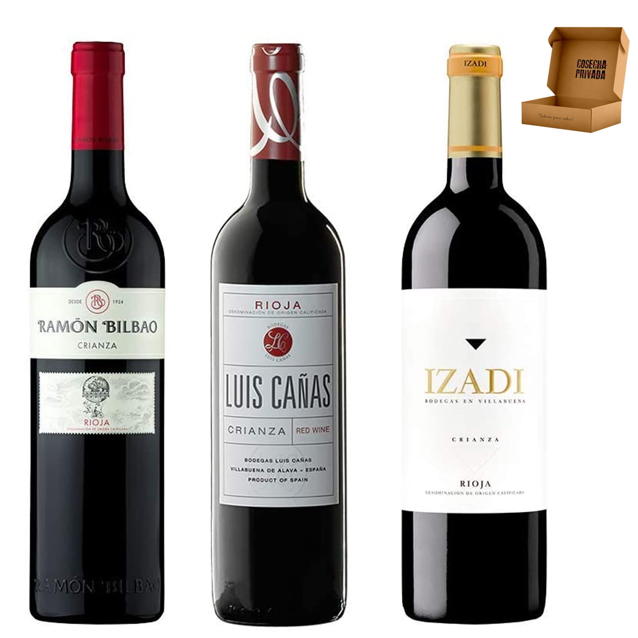 Pack Vinos Rioja - Envio 24h - 2 x Ramón Bilbao Crianza, 2 x Luis Caña Crianza, 2 Izadi Crianza - Vinos Regalo - Caja/Cesta de Navidad de Cosecha Privada (6 x Botella 75 cl, Lote 2.02)