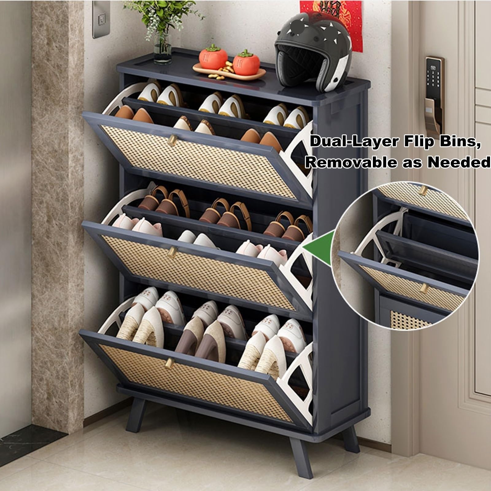 Hommdiy Schuhschrank 4 Klappen Rattan - Schmaler Schuhkipper Für Flur