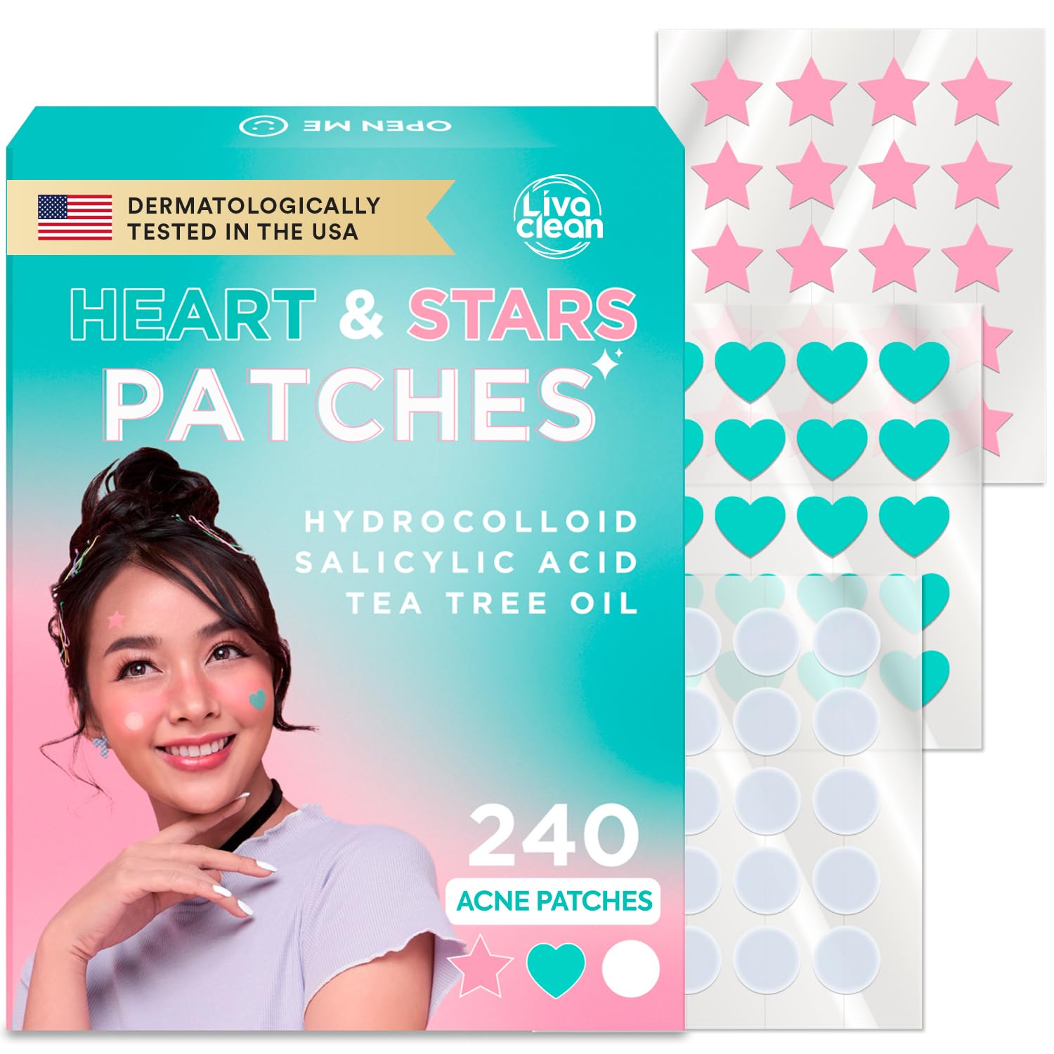 LivaClean 240 CT Heart Star Pimple Patch w Salicylic Acid Tea Tree Oil Pimples Patches Pimple Patches Heart