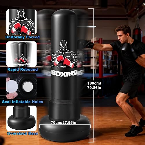 Miniatura 2 de Saco de boxeo para adultos con soporte, bolsa de boxeo pesada de 71 pulgadas con guantes de boxeo y bomba, bolsas de kickboxing para hombres,