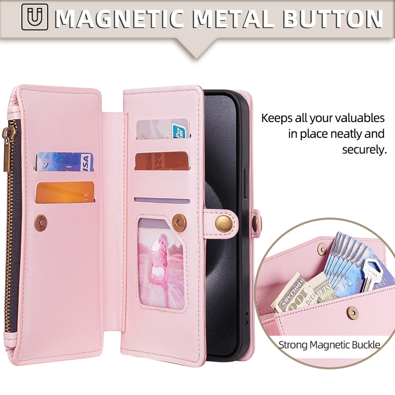 Różowe, 15, etui portfelowe do Xiaomi 15 Ultra/15 Pro/15, magnetyczne zapięcie, z klapką, skórzany pokrowiec ochronny z paskiem na ramię, stojakiem, etui na telefon komórkowy