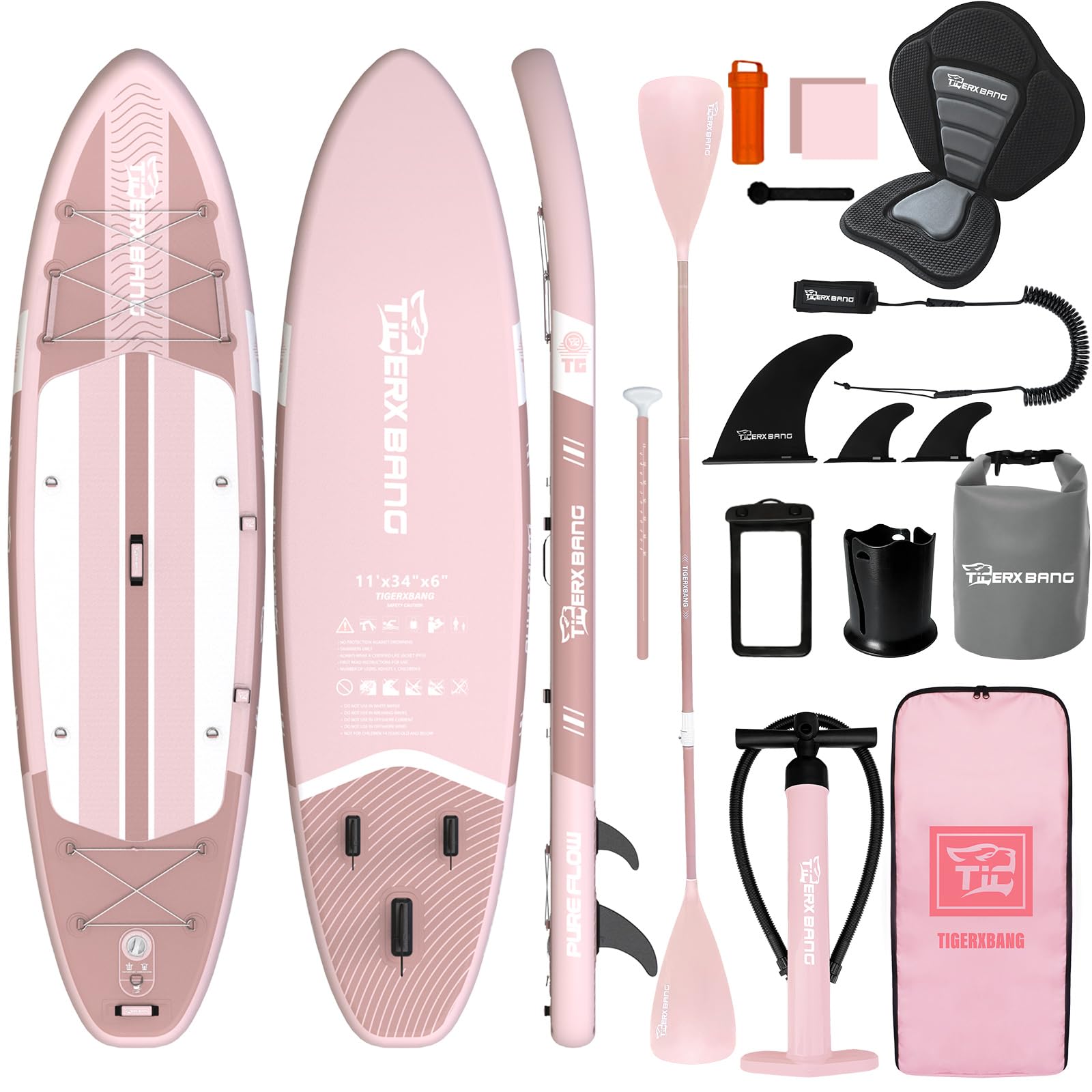 TIGERXBANG Tabla Paddle Surf Hinchable con Asiento, 335x86x15cm Stand Up Paddle Board para Adultos/niños, Kit Completo de Surf ISUP, Rosa