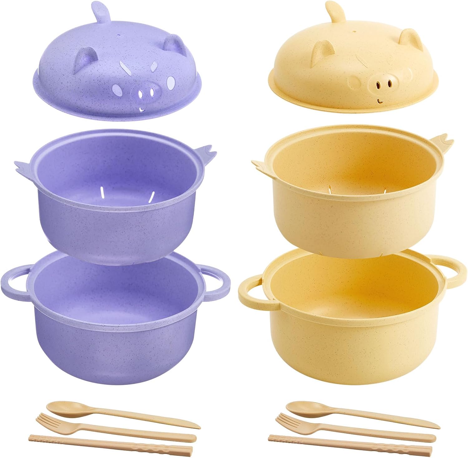 2 Set Large 45oz Cute Pig Ramen Bowl Set Microwavable Yellow, Purple