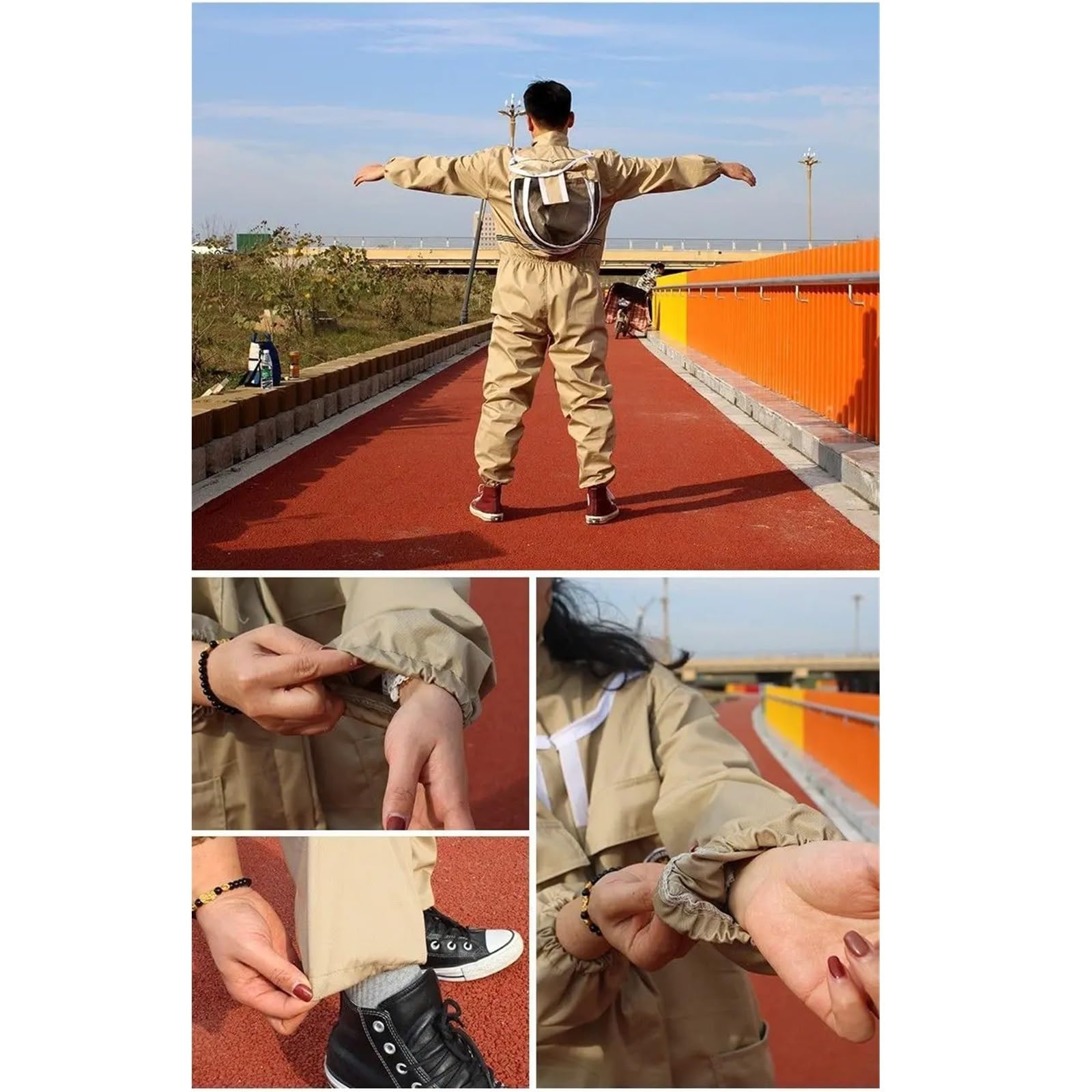 Traje de apicultor Profesional 1 juego completo de ropa protectora transpirable, impermeable y anti-abejas for apicultura captura abejas(Khaki,150-165CM)