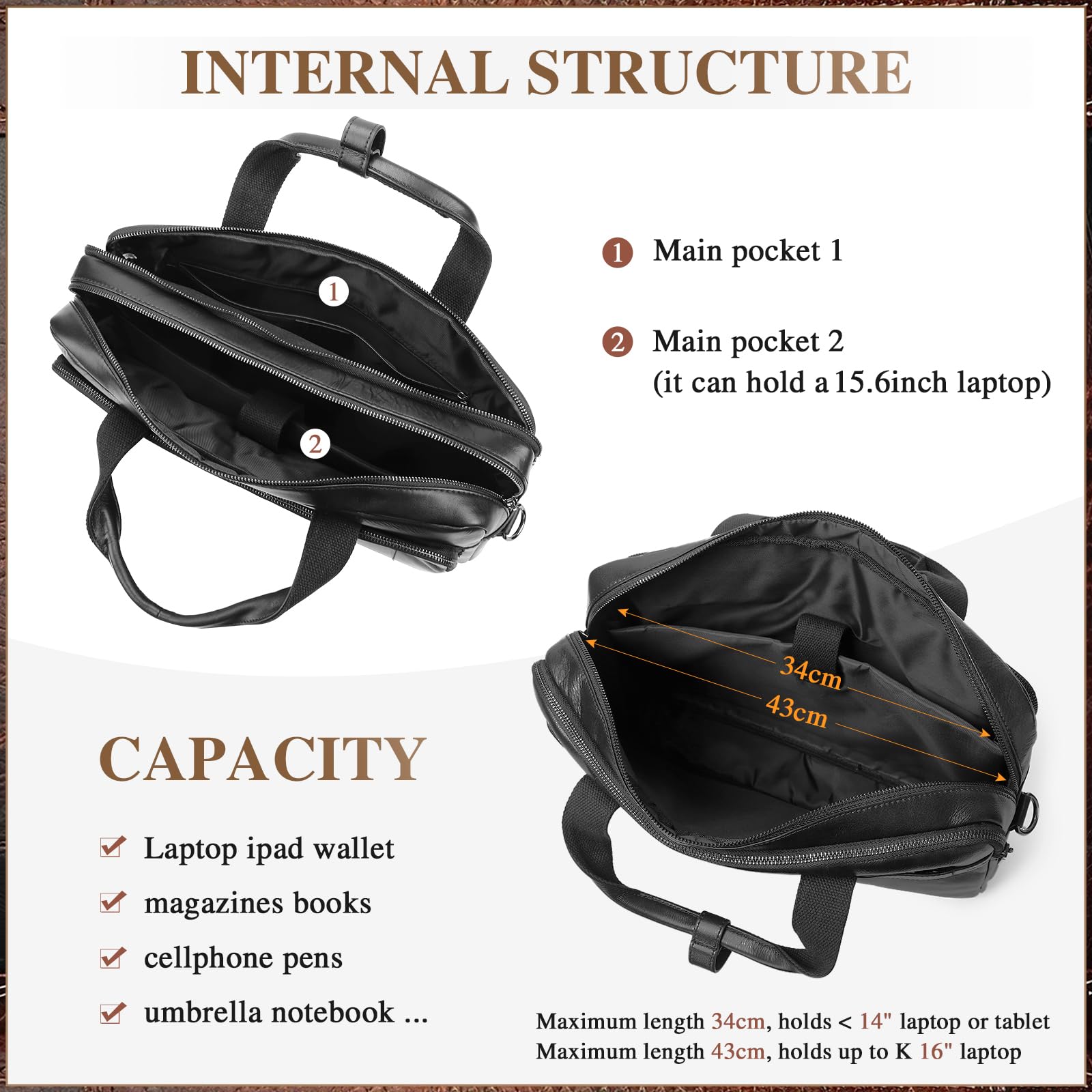 BAIGIO Herren Aktentasche Leder Laptoptasche Business Handtasche Arbeitstasche Groß Umhängetasche Ledertasche Männer Businesstasche Schultertasche Klassische Messenger Tasche 15,6 Zoll Laptop, Schwarz