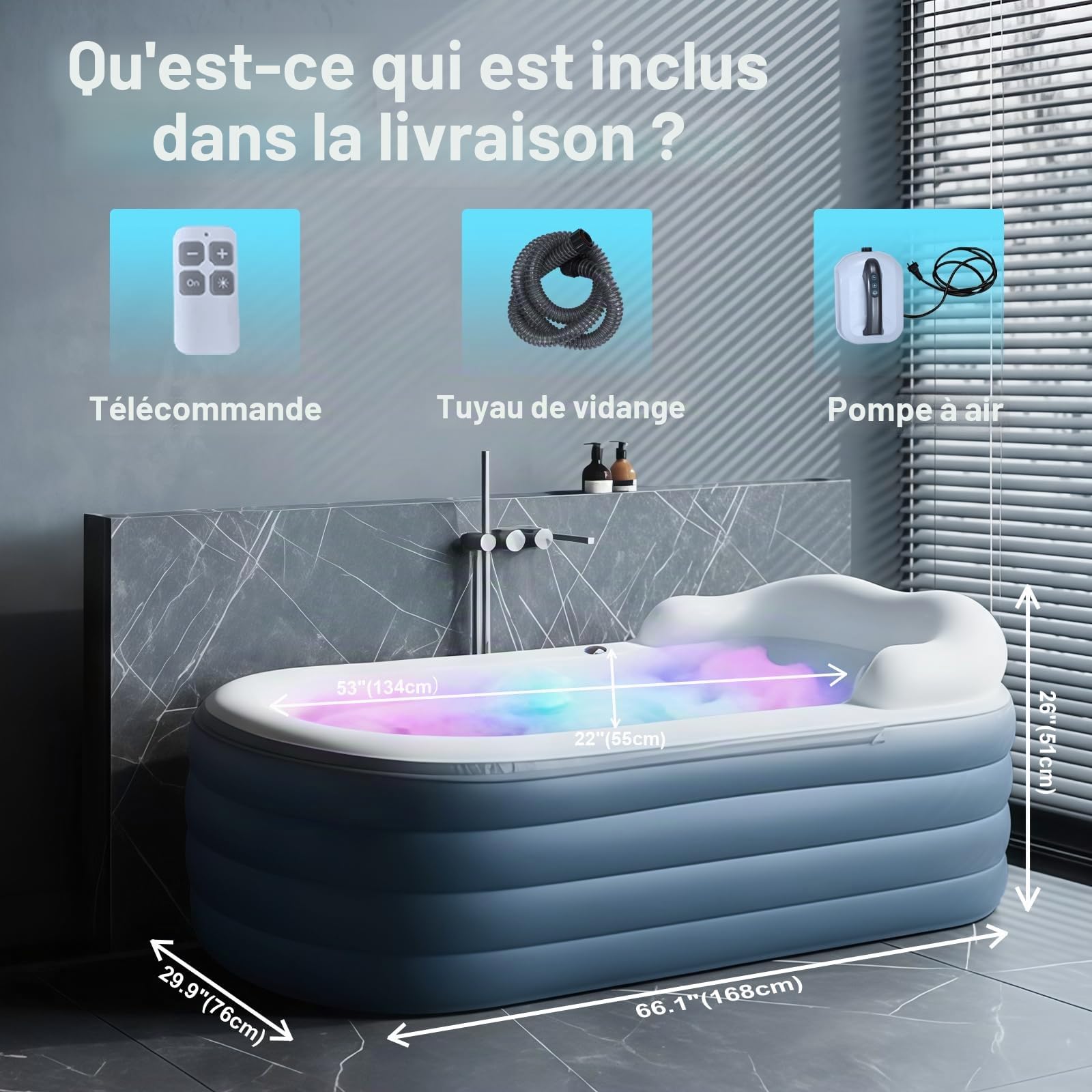 Baignoire portable pour adultes avec matelas de massage à air, baignoire spa avec éclairage LED romantique, oreiller/appui-tête/accoudoirs (pompe à air incluse)