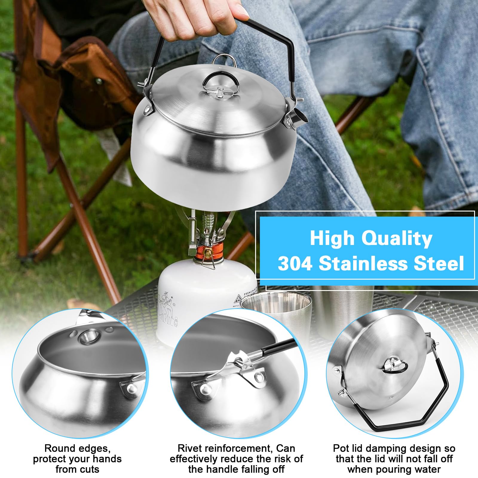BUZIFU Tetera de Acero Inoxidable 1 L, Hervidor de Agua para Camping Portátil, Tetera Acampada con Mango, Hervidor de Agua para Acampar, Tetera de Metal para Camping Senderismo Picnic