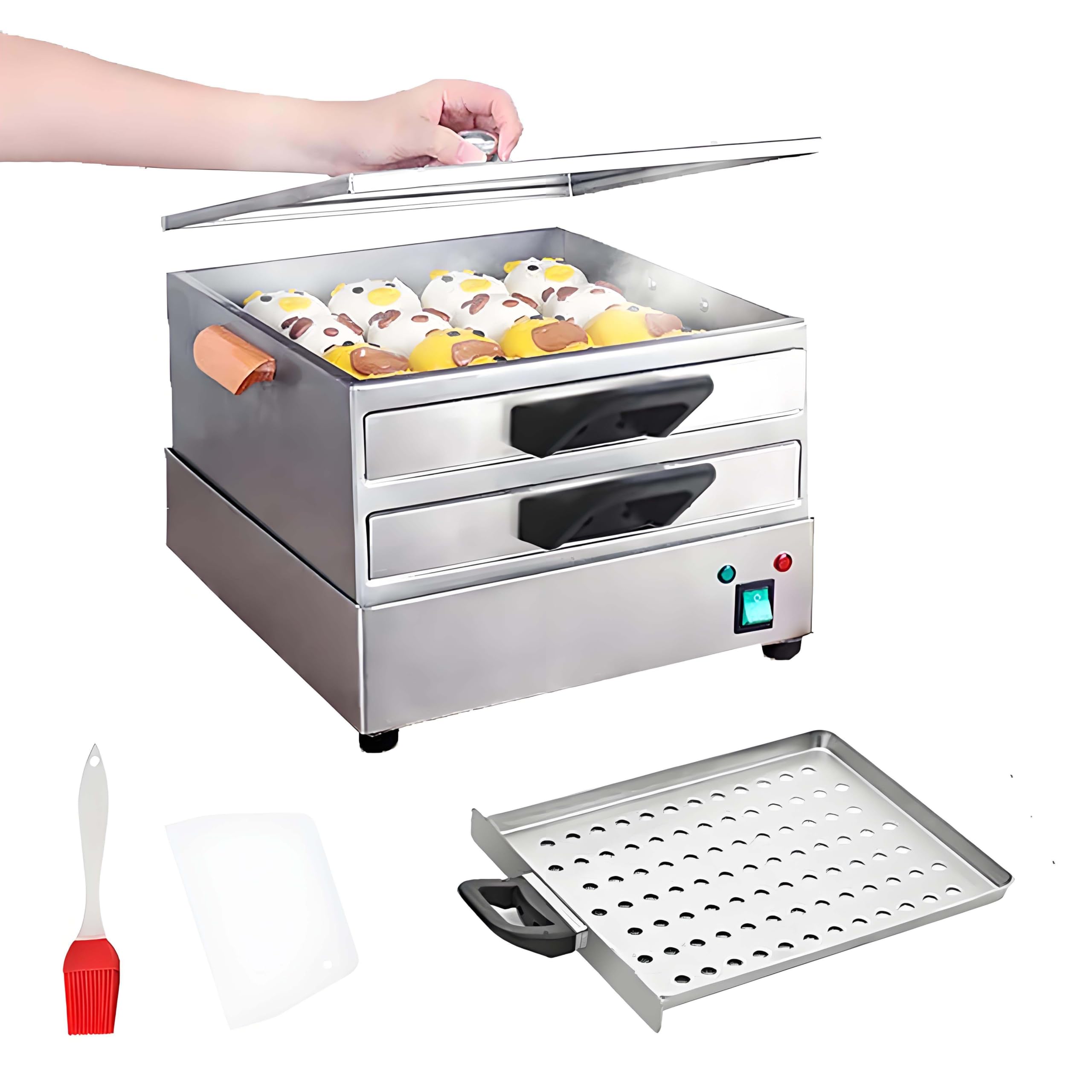 GUTYGIO Double-Layer Rice Noodle Rolls Maker with 3 Steameing Tray, 304 Stainless Steel Steamer with Scraper, Top Open Chinese Rice Noodle Roll Food Steamer for Breakfast & Cantonese Cuisine