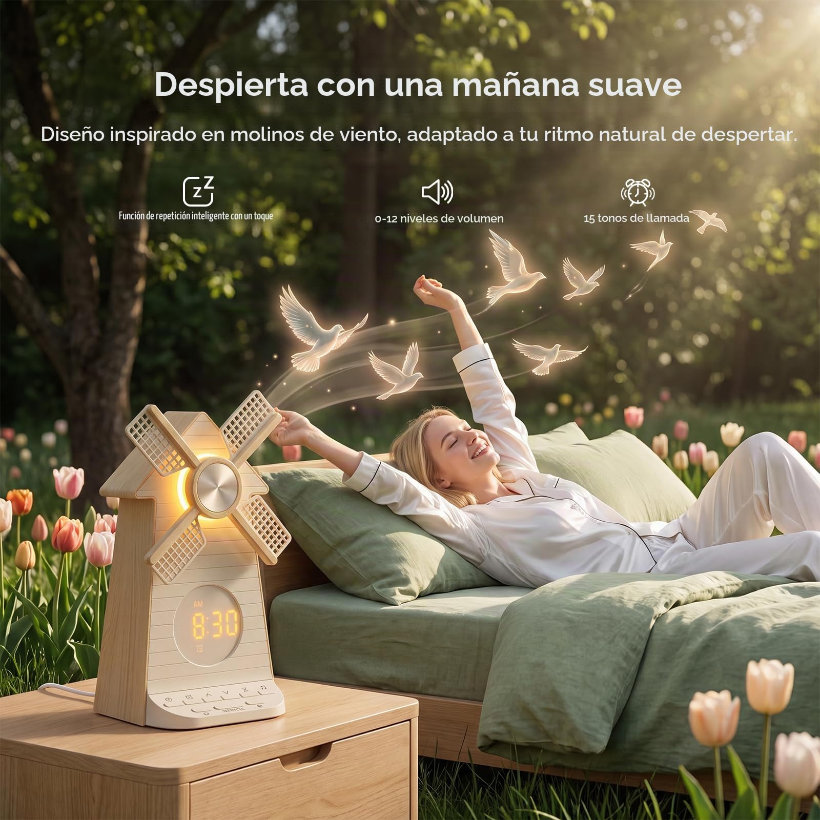 RETEYUNG Despertador Molino Viento Giratorio Amanecer, Puerto Carga USB | Reloj Despertador, Luz Nocturna, Alarma LED con Función Snooze, 20 Sonidos Relajantes, Regalo para Niños y Adultos