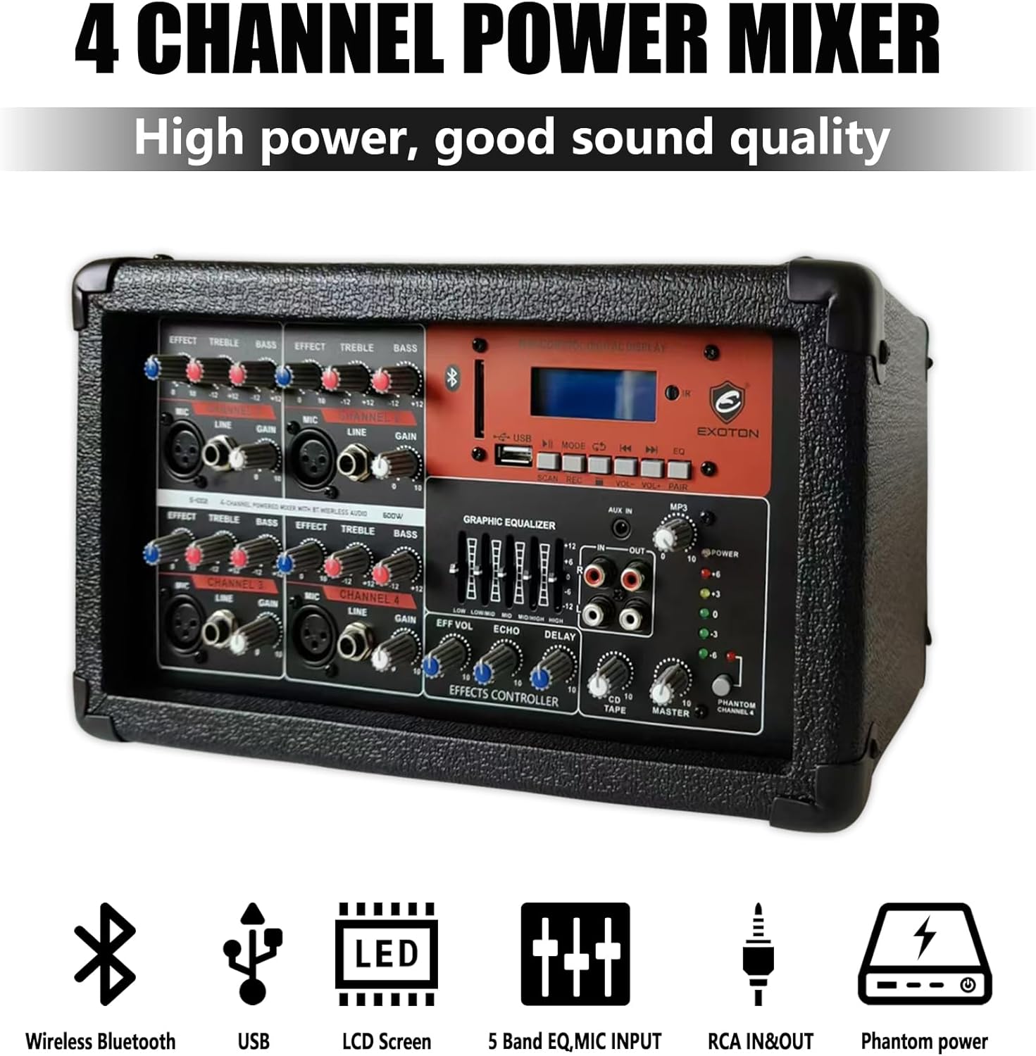 EXOTON S-1002 PA System set up with speakers on stands and mixer