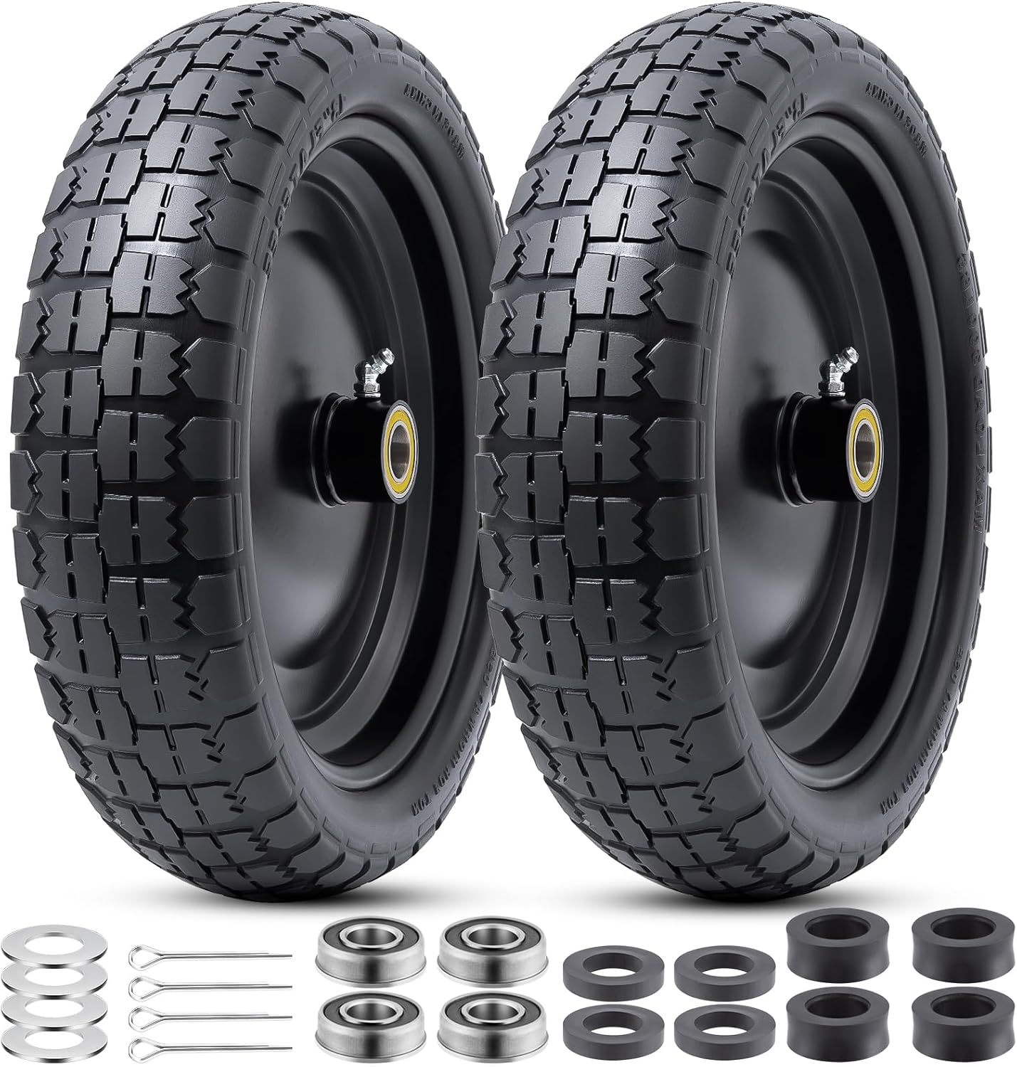 13” Rubber Solid Tires, 13X4.00-6 Flat Free Tire and Wheel with 3/4” Axle Bore Hole and Double Sealed Bearings Compatible with Hand Truck, Wheelbarrow, Lawn Mower Tires (Black, 2PCS) P-126