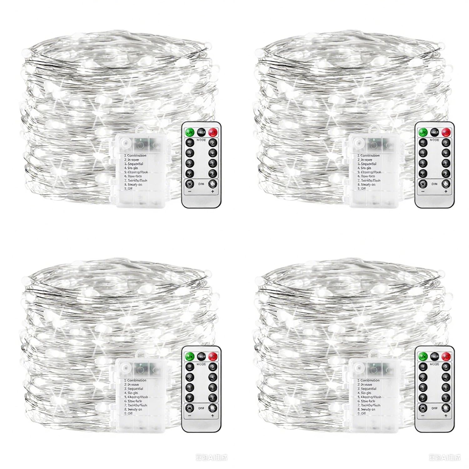 plainshe Battery Fairy Lights - 4 Pack White, 10m 100 Led Copper Wire Fairy Lights, 8 Modes Remote Control Timer, Waterproof String Lights Battery Operated, Christmas Decoration Indoor Outdoor