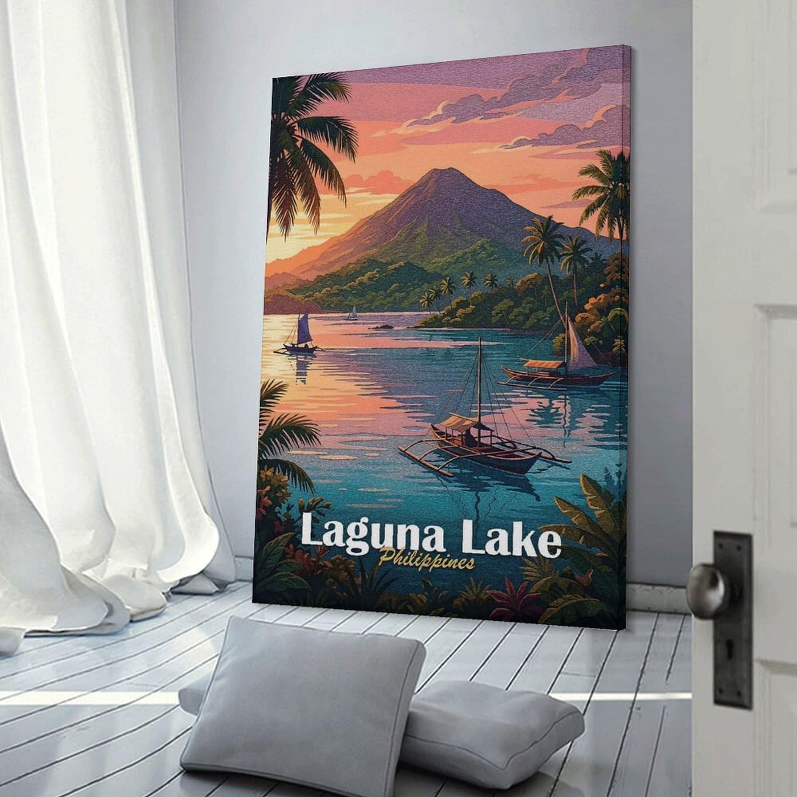 Junmoney Canvas Wall Picture Laguna Lake Philippines Travel, 20x30inch(50x75cm), for Restful Interiors, Bedrooms Or Small Rooms, Home Artwork with A Soft Interior Feel