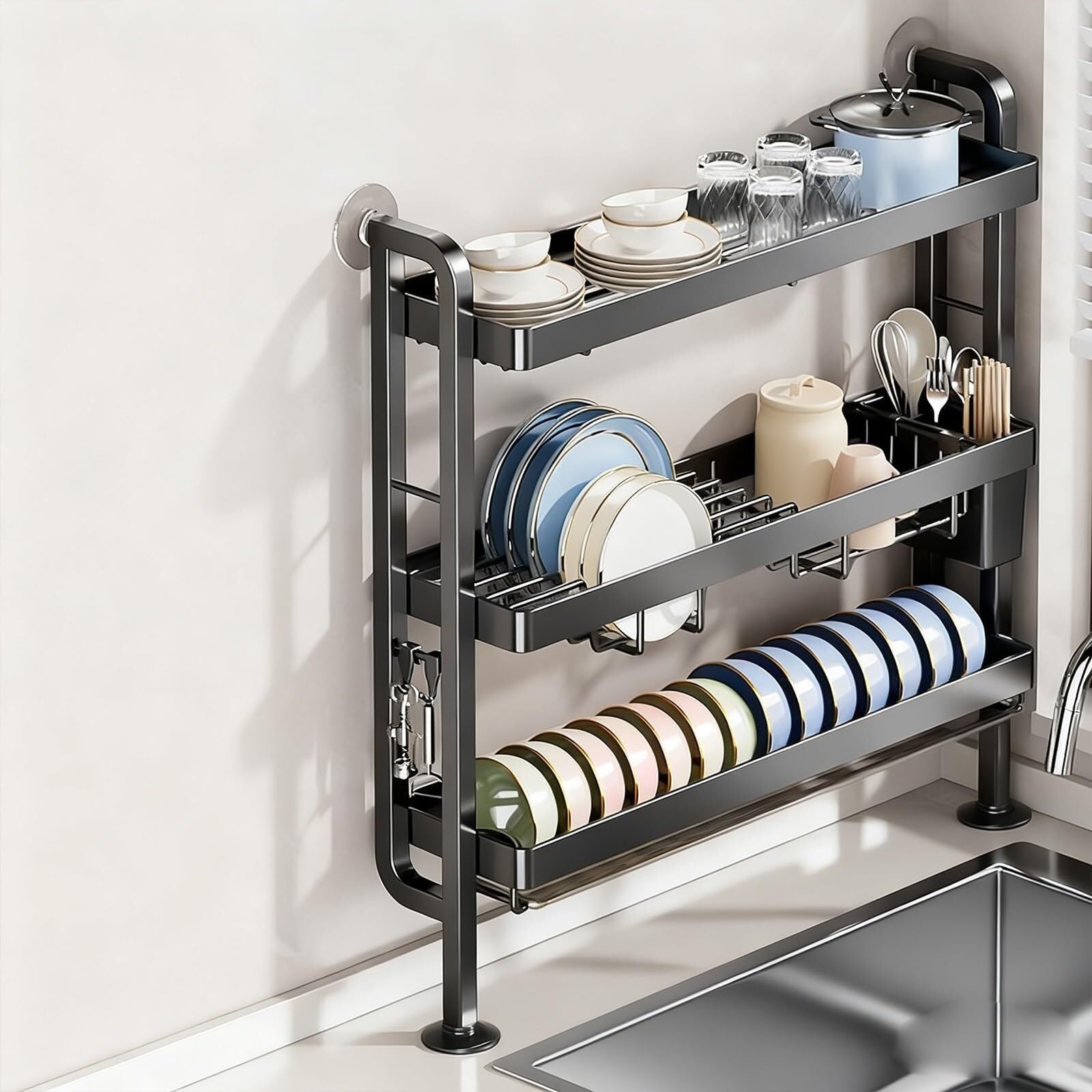 ARUNASC dish racks Dish Drying Rack 2/3 Tier Kitchen Counter Utensil Holder Over The Sink Dish Drainer Drying Rack for Kitchen drainer(Nero,Three layer)