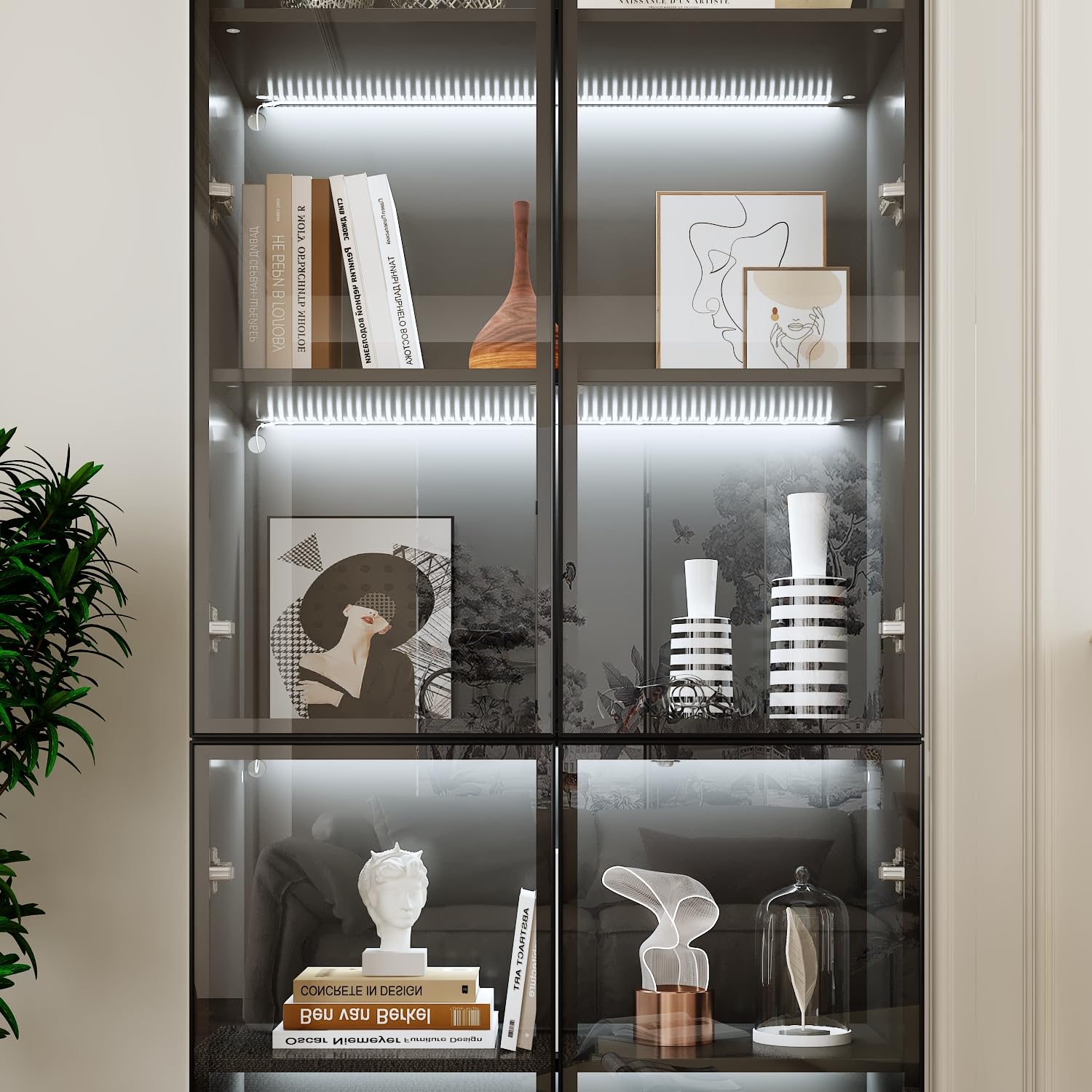 Vitrina de cristal con iluminación, vitrina colectora, vitrina de pie, vitrina de cristal, color negro, 175,5 x 50 x 23 cm, cristal templado + marco de aluminio