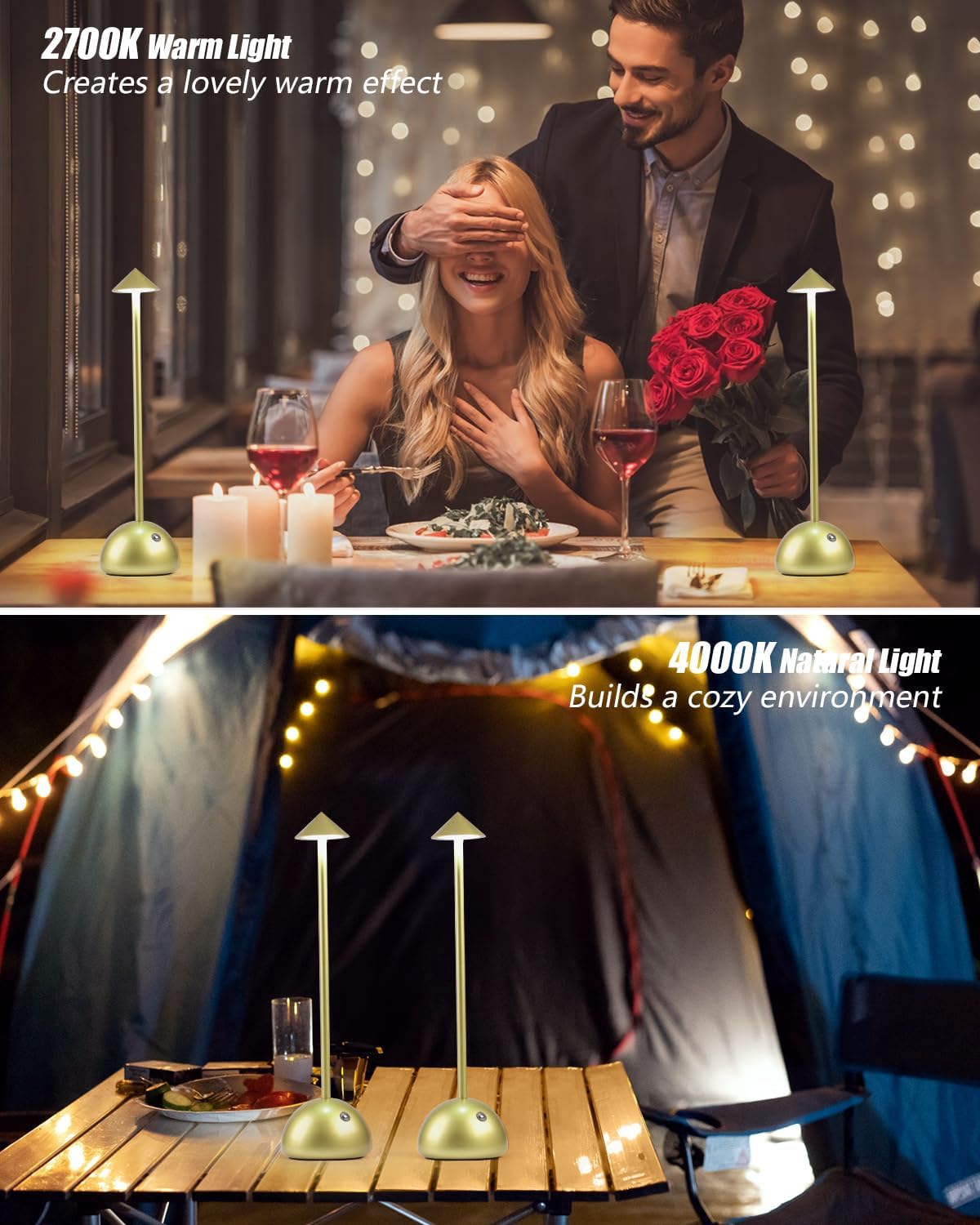 Small Cordless Table Lamps,Battery Operated Table Lights,6000mAh Portable Wireless Lamps,3 Color Dimmable Touch Desk Lamps,LED Rechargeable Lamps for Dining,Bar,Bedroom Bedside,Gold 2 Pack