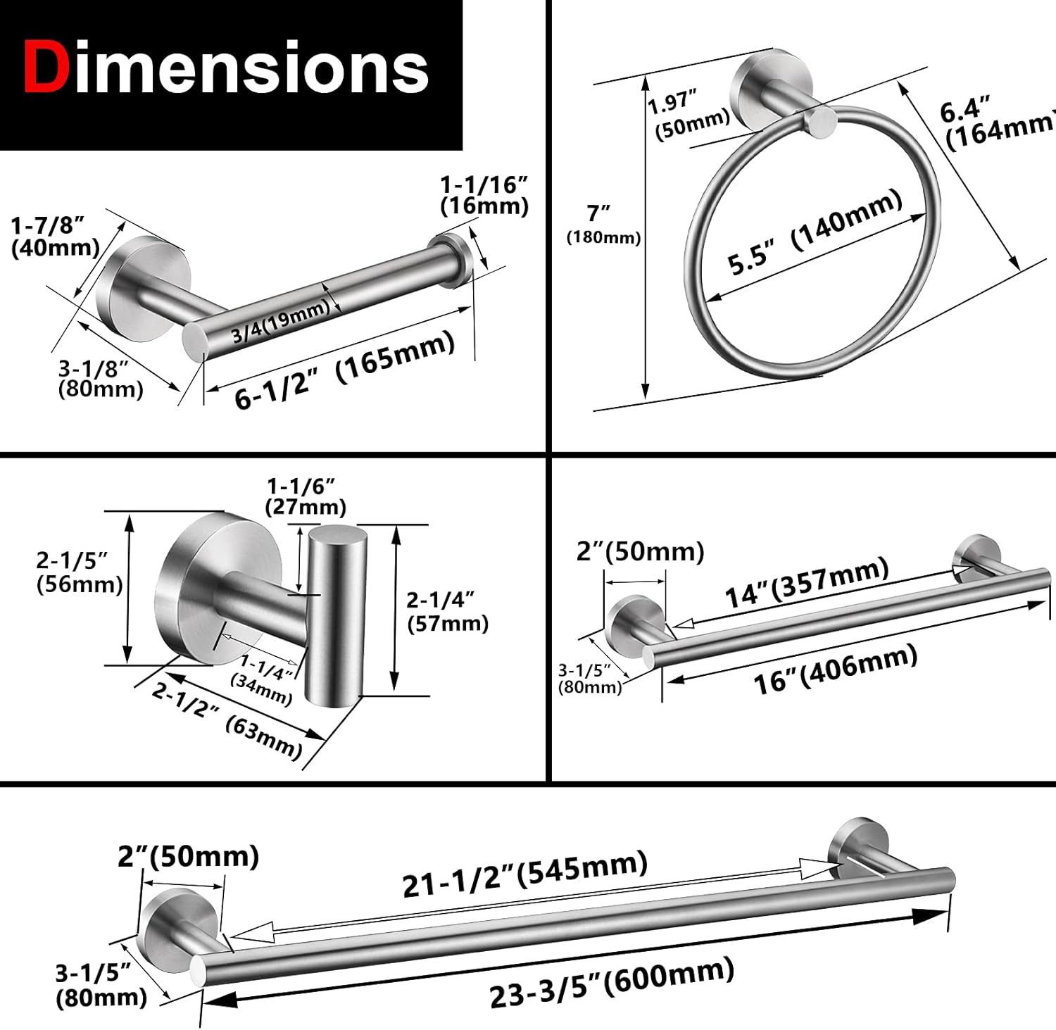 6 Pieces Brushed Nickel Bathroom Hardware Accessories Set Hand Towel Ring 18&23.6 inch Round Towel Bar Silver Toilet Paper Holder Towel Hooks 2 Pieces SUS 304 Stainless Steel,Heavy Duty,Wall Mounted: Kitchen & Dining