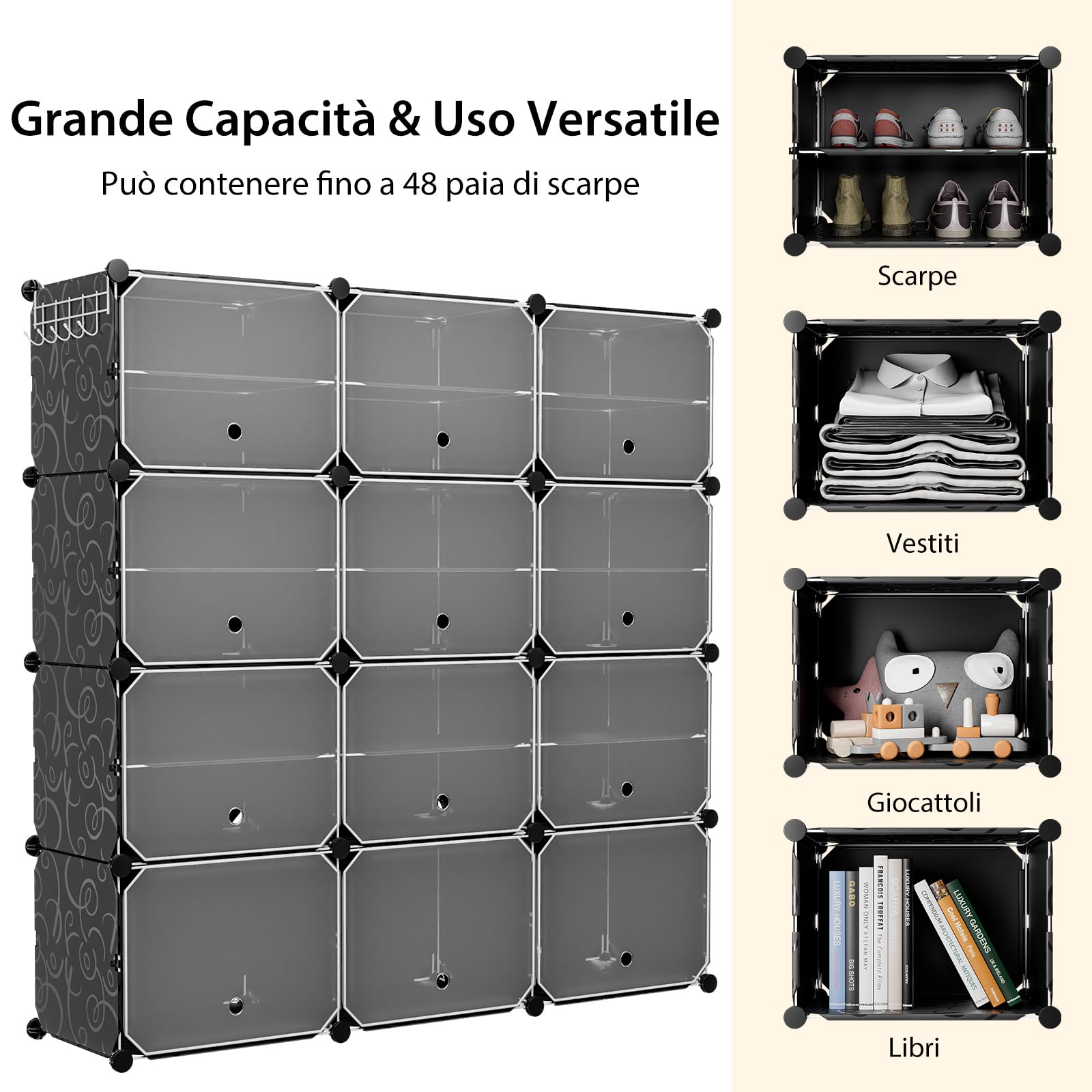 RELAX4LIFE Scaffale Porta Scarpe Portatile, Organizzatore per Scarpe da 48 Paia Espandibile con Porta, per Scarpe per Tacchi, Stivali e Pantofole, Scaffale a 12 Cubi 24 Strati per Ingresso (Nero)