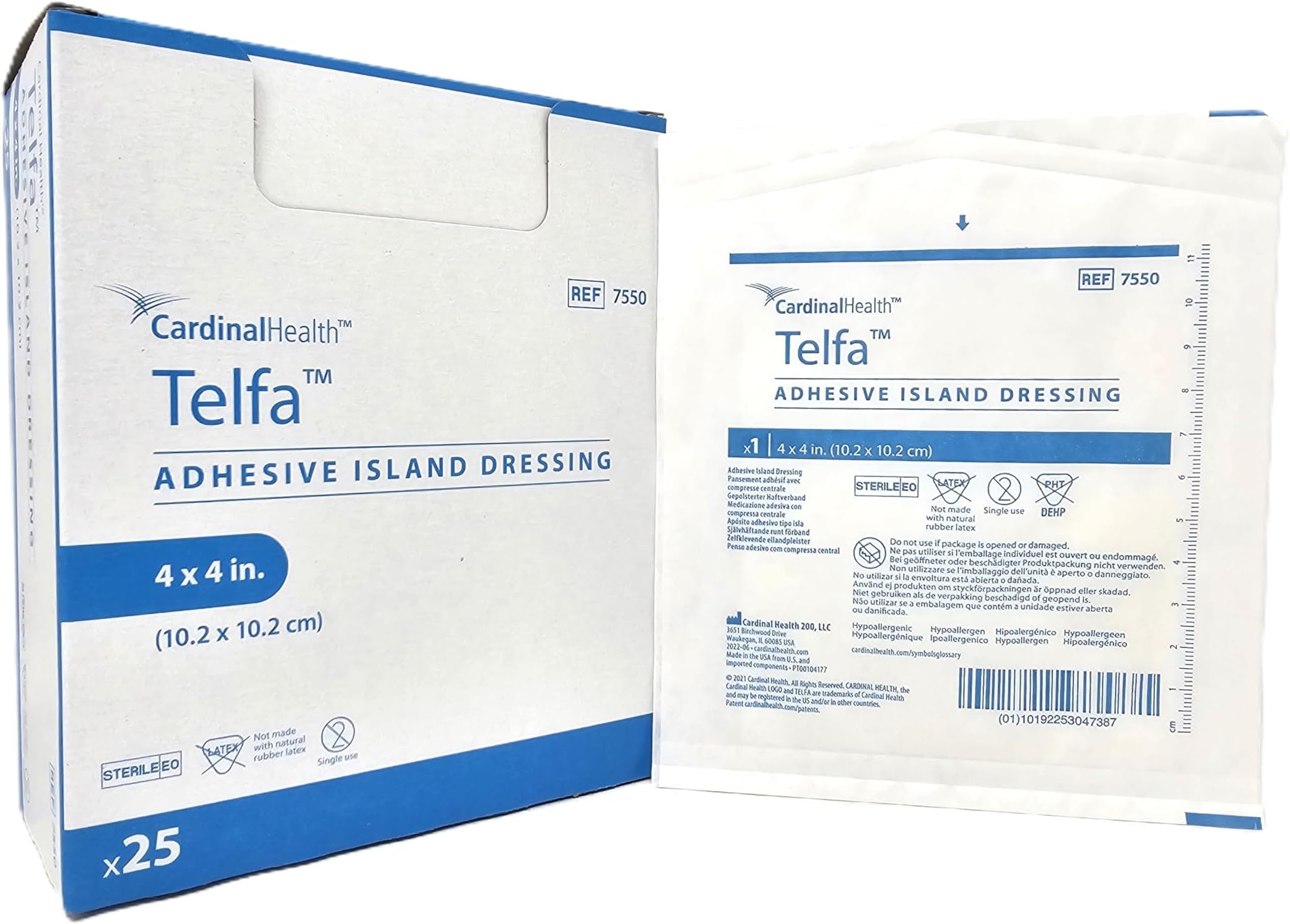 7550 Dressing Telfa Island Wound Lf Str Gauze 4X4" White Non-Adh 25 Per Box P.