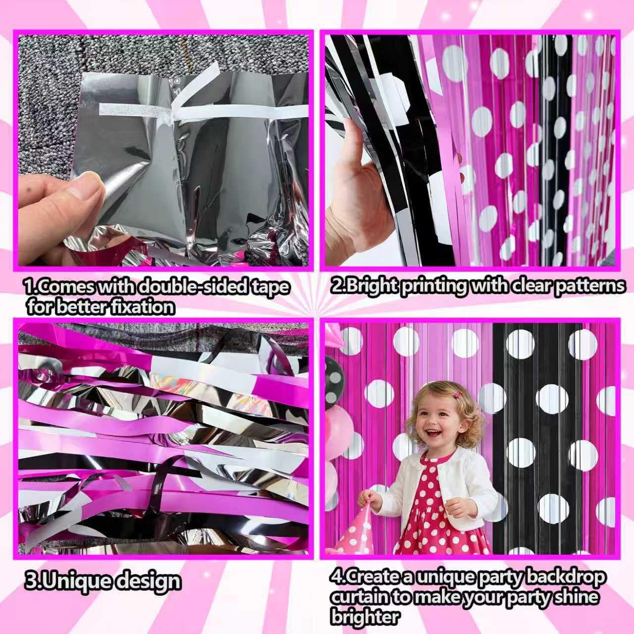 Pink Black Foil Fringe Curtains Birthday Decorations, 2 Pack 3.2x6.6ft Mouse Color Tinsel Streamers Backdrop Baby Shower Cartoon Mouse Birthday Party Decorations Supplies - Image 8