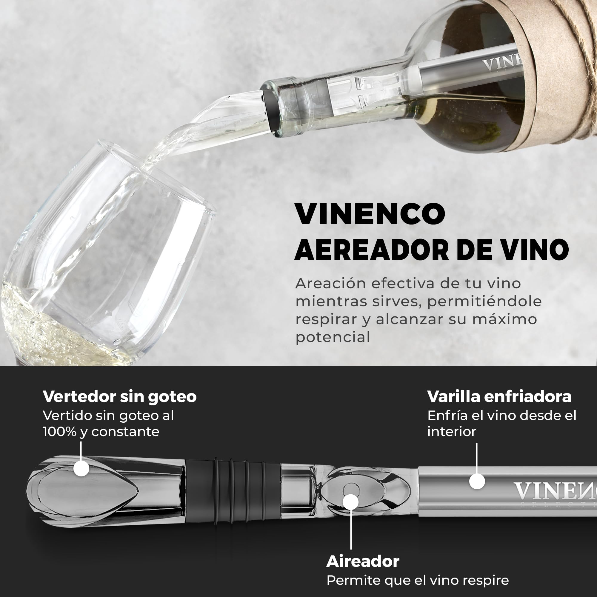 Enfriador de Botellas de Vino Blanco, 3 en 1 Kit: Juego de Refrigeración (Acero) de Calidad + Tapón–Decantador + Aireador | Accesorios Bar, Idea Regalo Mujer Hombre Cumpleaños Fiesta Amigo Barman