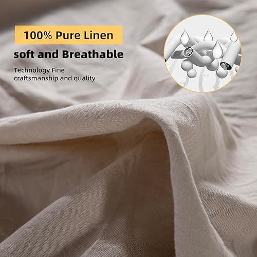 Miniatura 3 de LBR02M - Juego de sábanas de lino tamaño King, juego de sábanas de 4 piezas, mezcla de algodón de lino natural de color sólido, ropa de cama suave y