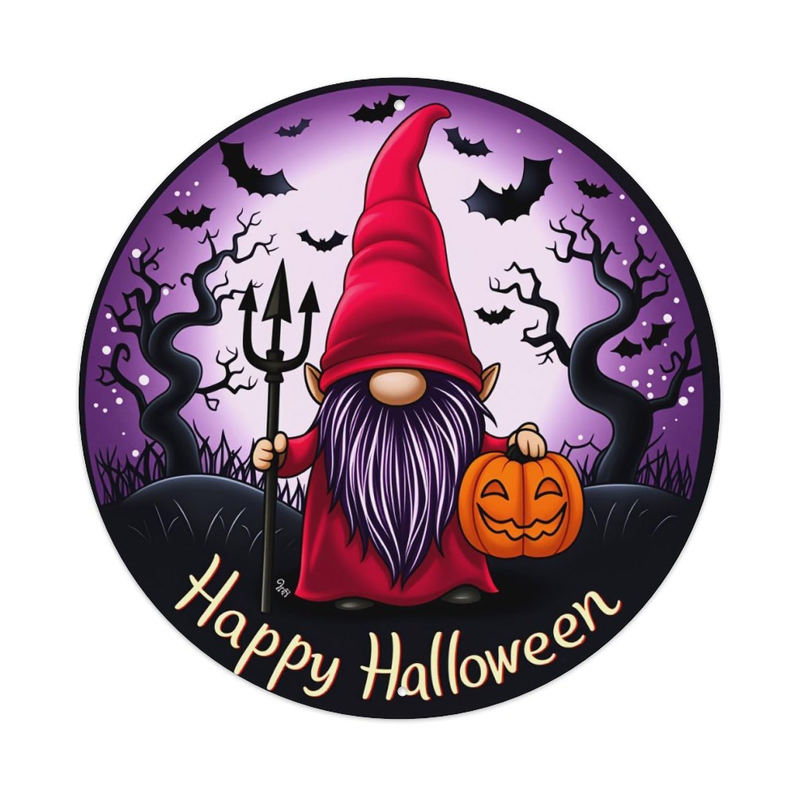 Halloween Gnome Pumpkin Bats Moon Round Tin Sign Vintage Metal Poster Retro Bar, Home, Man Cave, Kitchen, Laundry Room Wall Art Decor Gift 8x8In