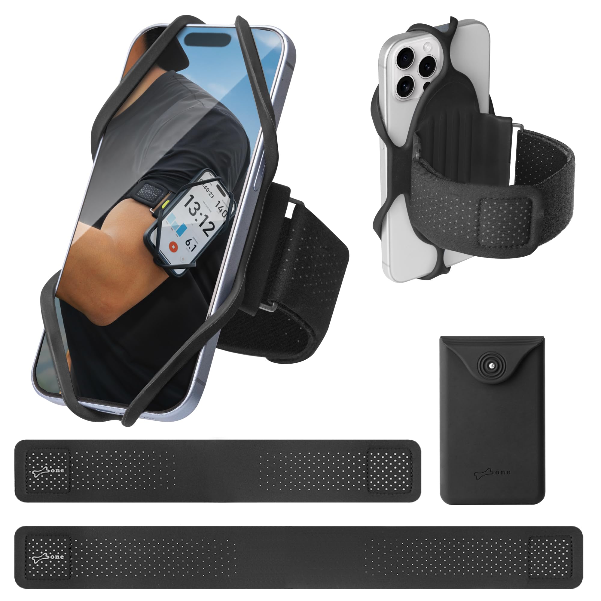 BONE Run Tie 3-Sport Pocket Kit – Kit Sport Pocket avec Brassards de Course S + L, Silicone Confortable Multi-Positions, Support Téléphone Universel 4–7,2" – Noir