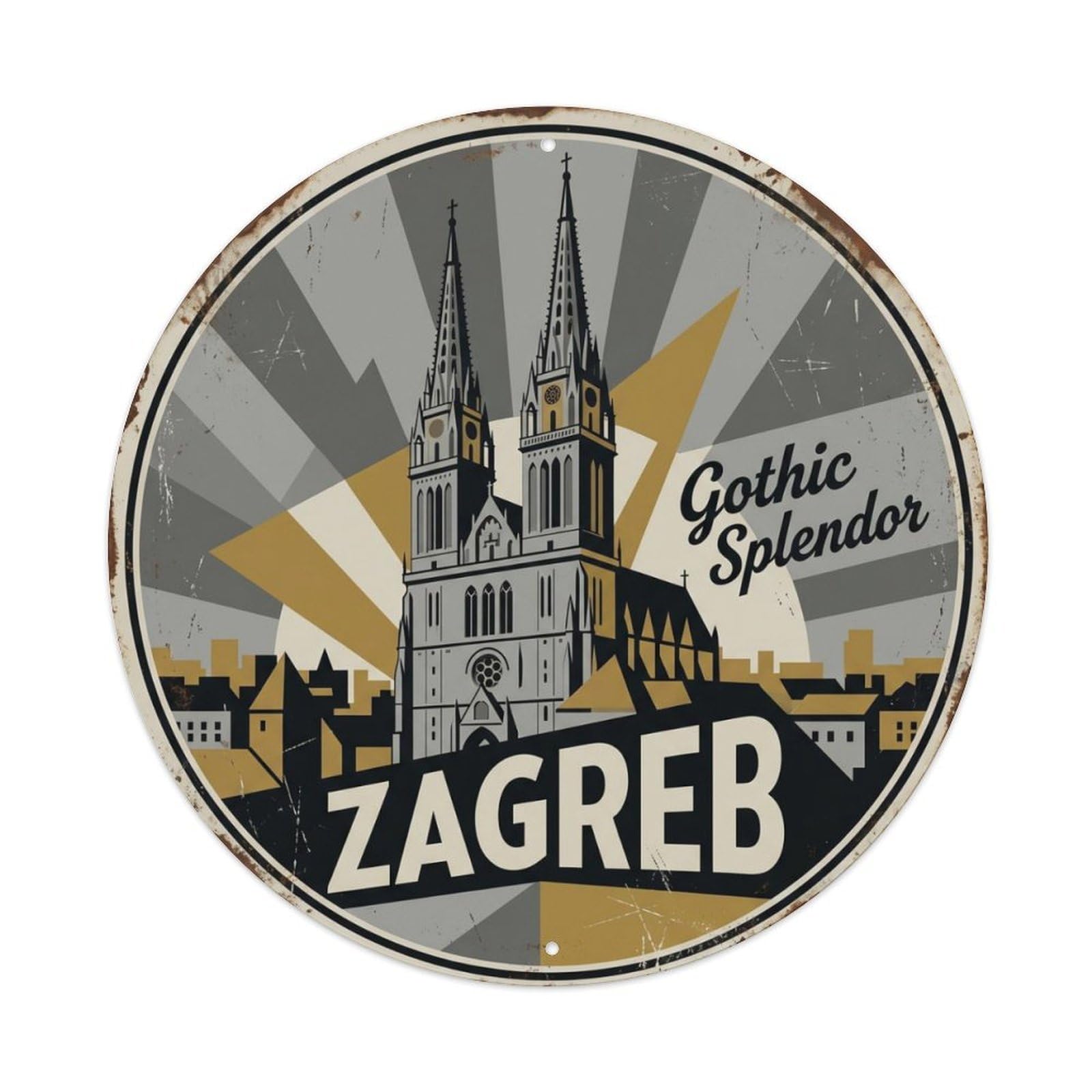 Vintage Travel Zagreb Croatia Cathedral Metal Tin Sign Plaque Wall Decor for Cafe, Club Bar, Office, Home Garden Round Metal Poster 8x8Inch