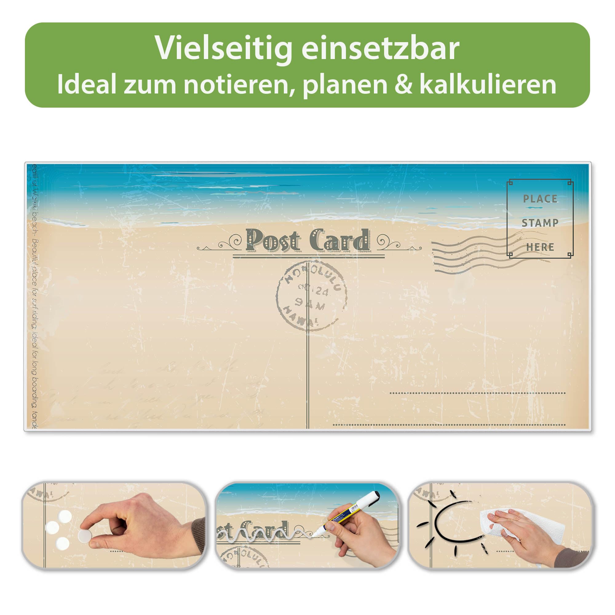 banjado Magnettafel Metall 78 x 37cm - beschreibbare Magnettafel - Metall Pinnwand als Memoboard - Magnetwand Küche, Büro, Kinderzimmer Weiß inkl. 4 Magnete & Montageset - Motiv Postkarte