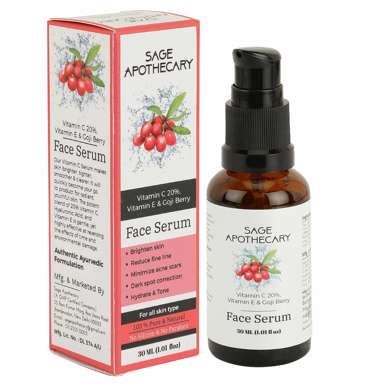 Face Serum Natural Vitamin C 20%, Vitamin E & Goji Berry,Increases Skin's Glow Instantly Reduces Spots Overtime Bright Serum Whitening Men for Women 30ML