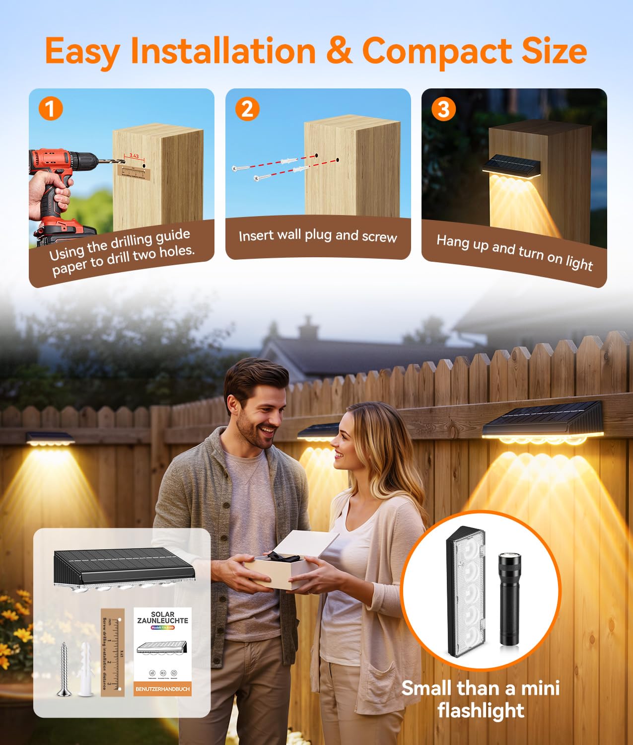 GEARLITE Lámpara de pared solar para exteriores, 6 unidades de lámparas solares para exterior jardín, IP65, resistente al agua, 5 luces LED brillantes solares para exteriores, pared, vallas, balcón