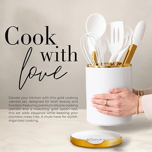 Miniatura 5 de Juego de 8 piezas de utensilios de cocina blancos y dorados Juego de utensilios de cocina de silicona blanca, soporte para utensilios de cerámica y
