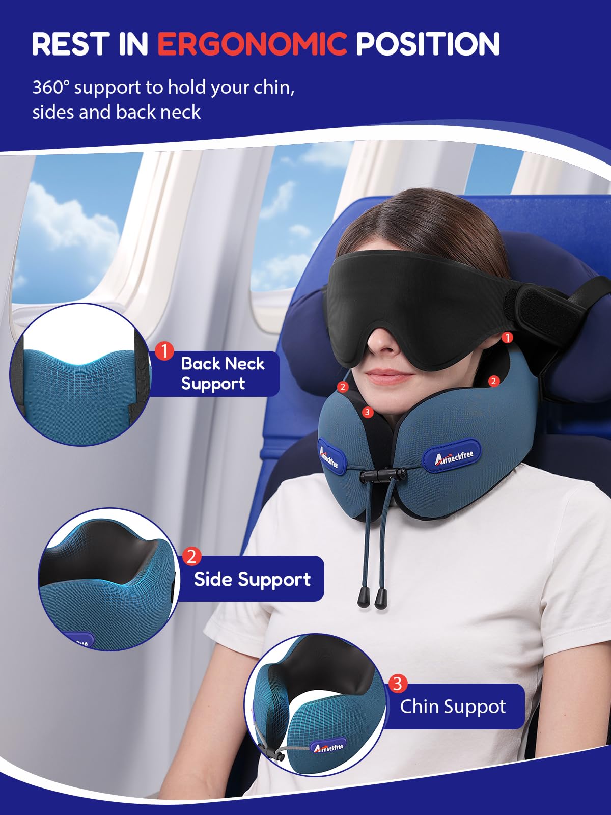 Cuscino da Viaggio per Aereo con Maschera 3D Travel Pillow | Con Cinturino per Sedile, Supporto per Testa e Collo, Schiuma Memory Confortevole per Aereo, Auto e Treno, Grigio