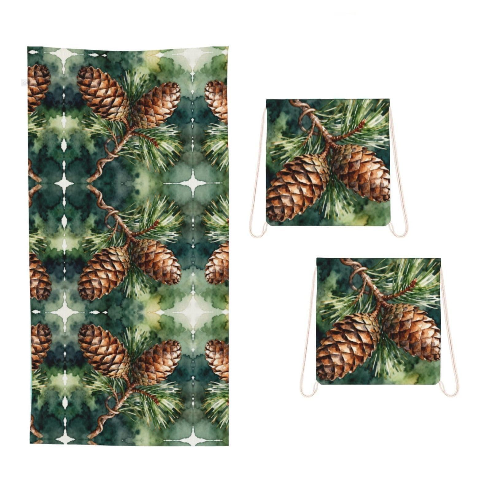CNTDBU Pine Cone Branch 2 in 1 Packable Towel Bag-Large Beach Towel with Stuff Sack, Super Absorbent Microfiber Travel Towel for Pool