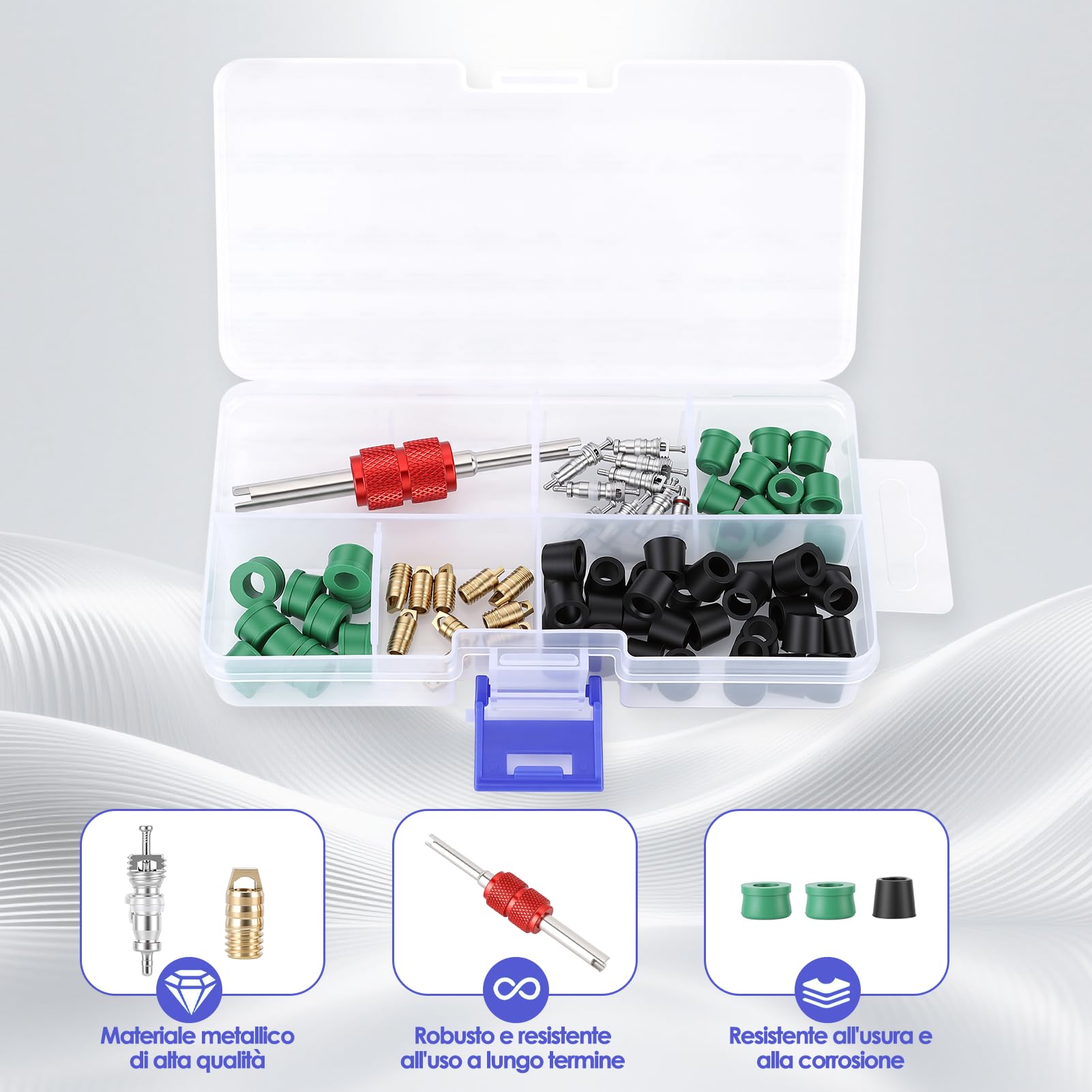 Akozon Kit Riparazione Aria Condizionata Auto 71pezzi, 10 Nuclei Valvola + 50 Guarnizioni Fruste + 10 Valvole, Kit Guarnizioni Condizionamento con Strumento Universale